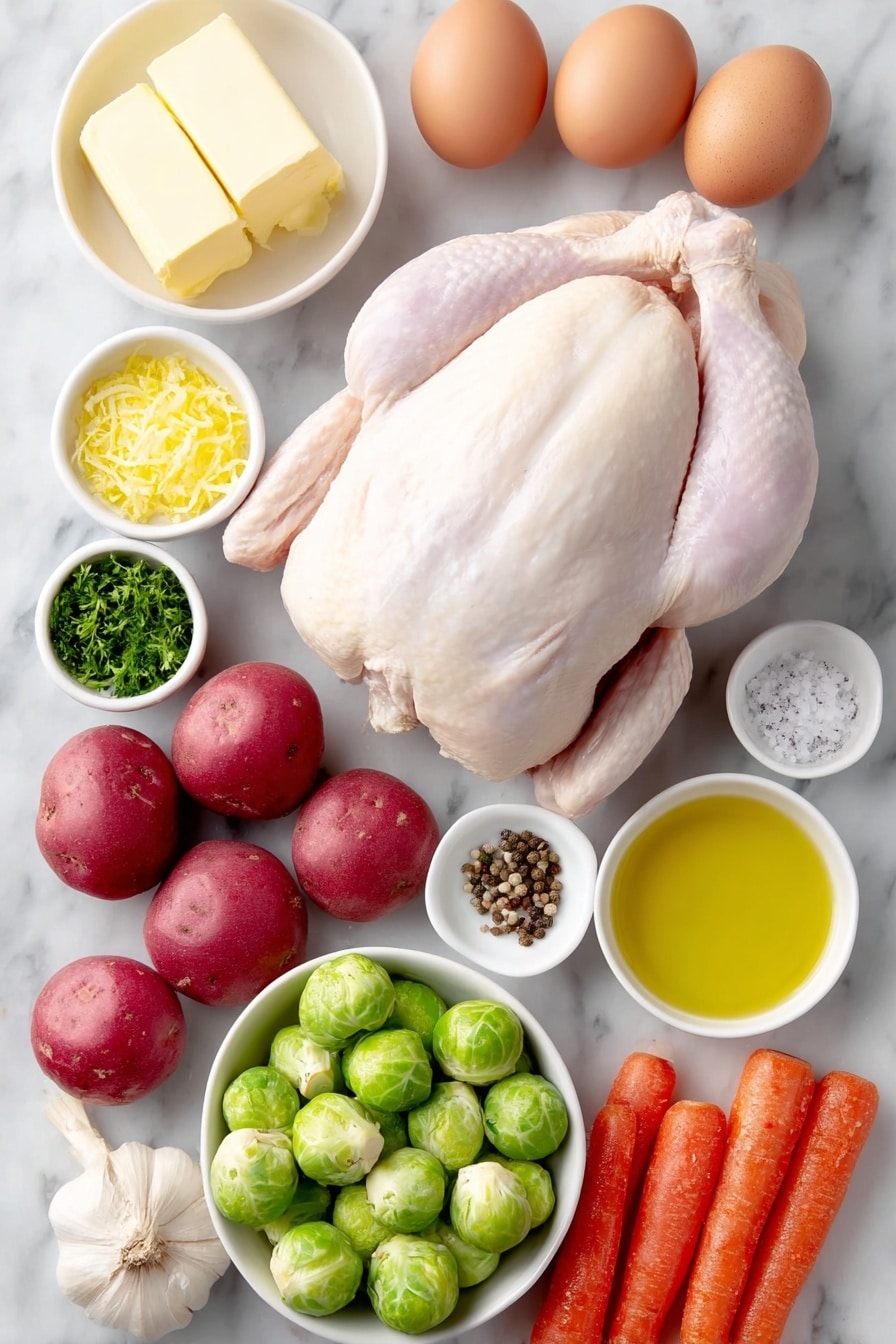 Flat lay of a whole raw chicken with pale pink skin, two whole brown eggs with clean shells, a small white bowl of softened pale yellow butter, a small white bowl of golden olive oil, a small white bowl of bright green finely chopped parsley, two whole garlic cloves with papery white skin, a small white bowl of fresh yellow lemon zest, a small white bowl of pale yellow lemon juice, a small white bowl of coarse sea salt crystals, a small white bowl of black peppercorns, several medium-sized red potatoes quartered with smooth red skin, three medium peeled orange carrots quartered lengthwise, a handful of bright green halved Brussels sprouts, all arranged symmetrically on simple white ceramic bowls and plates, placed on a clean white marble surface, soft natural light, photo taken with an iPhone, professional food photography style, fresh ingredients, white ceramic bowls, no bottles, no duplicates, no utensils, no packaging --ar 2:3 --v 7 --p m7354615311229779997 - Juicy Spatchcock Chicken with Roasted Vegetables, spatchcock chicken recipe, roasted chicken dinner, herb-roasted chicken, easy chicken with vegetables