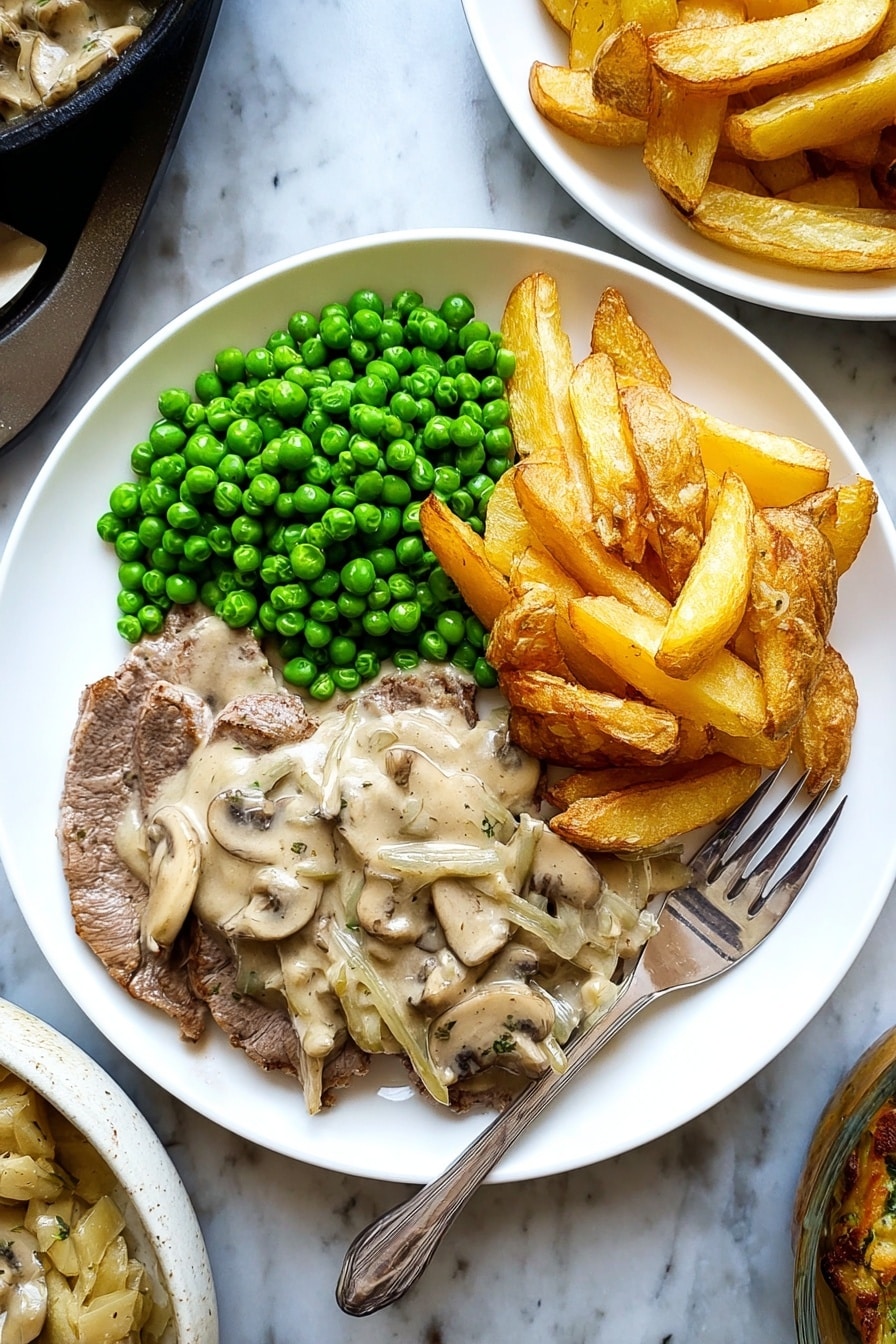 A white round plate holds three main parts: on the left side, two thin slices of cooked meat covered with a creamy beige mushroom and onion sauce, showing visible mushroom slices and onion strands; in the center right, a bright green pile of peas, shiny and round; at the bottom right, a stack of golden-brown potato wedges with crispy edges. A silver fork rests diagonally across the top right edge of the plate on a white marbled surface. Nearby dishes with similar food are partially visible around the plate. photo taken with an iphone --ar 2:3 --v 7 - Creamy Mushroom Hunter's Sauce, mushroom sauce recipe, creamy mushroom sauce, mushroom sauce for steak, flavorful mushroom sauce