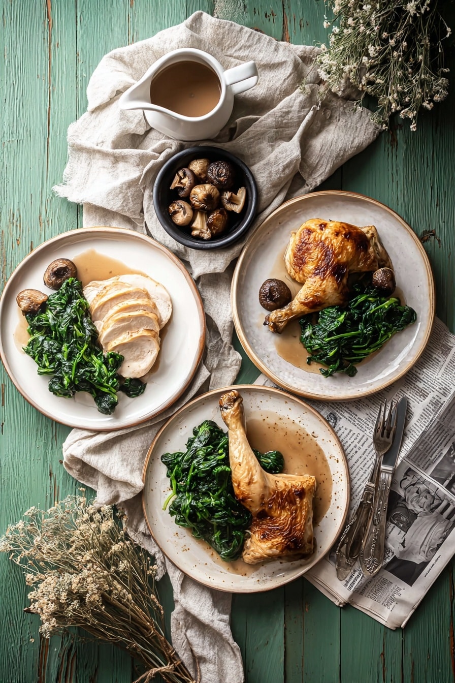 Three white plates sit on a green wooden surface, each with cooked chicken, steamed spinach, and a small black bowl of roasted mushrooms. The top right plate has a whole chicken leg with brown skin, green spinach on the lower side, and the mushroom bowl beside the leg. The plate on the left shows a chicken leg with three sliced pieces facing the spinach. The bottom plate displays several slices of chicken breast with a pile of spinach next to it, and the black bowl of mushrooms rests on the plate edge. A light beige cloth is loosely placed near the top center, and a white ceramic sauce pitcher filled with brown gravy rests on a folded newspaper near the bottom right, with two forks lying nearby. Dried plants decorate the upper left corner. photo taken with an iphone --ar 2:3 --v 7 - Cast Iron Roast Chicken with Pan Gravy, crispy skin roast chicken, juicy cast iron chicken, easy roast chicken recipe, fall-off-the-bone roast chicken