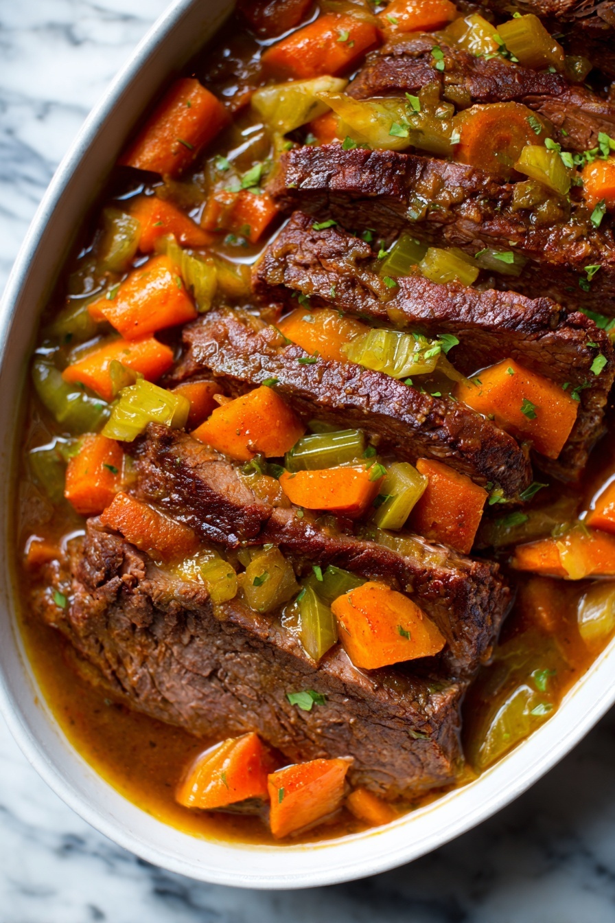 The image shows a close-up of a stew with several layers of tender brown meat slices on the bottom, covered by a thick layer of cooked orange carrot pieces and green celery chunks. The dish is filled with a rich, glossy brown sauce that coats all the ingredients, creating a warm and hearty appearance. The background surface is a white marbled texture. photo taken with an iphone --ar 2:3 --v 7 - Jewish-Style Braised Brisket with Onions and Carrots, braised brisket recipes, Jewish brisket dish, slow-cooked beef brisket, comforting holiday brisket