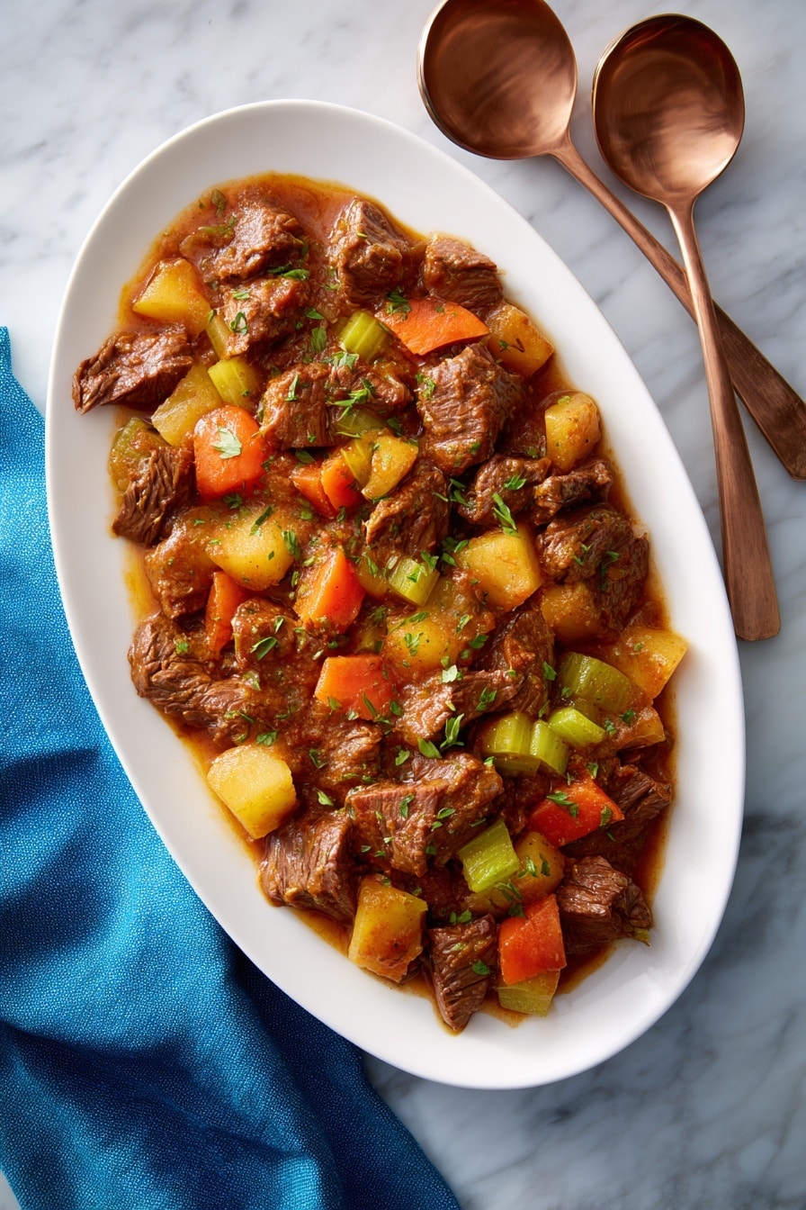 A white oval plate holds a stew made of brown cooked meat pieces mixed with soft orange carrot chunks and pale green celery pieces, all covered in a thick brown sauce with visible small green herb bits on top. The dish sits on a white marbled surface with a blue cloth napkin and two copper serving spoons nearby. photo taken with an iphone --ar 2:3 --v 7 - Jewish-Style Braised Brisket with Onions and Carrots, braised brisket recipes, Jewish brisket dish, slow-cooked beef brisket, comforting holiday brisket