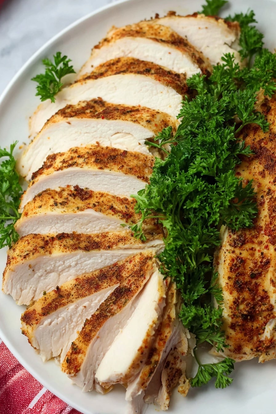 A white plate filled with evenly sliced cooked chicken laid out in two rows, showing a lightly browned crust and tender white inside. On top of the chicken, there is a thick bunch of fresh green parsley with its curly leaves adding a pop of color. The plate is placed on a white marbled surface with a hint of a red and white striped cloth in the corner. The chicken slices have a rough, spiced texture on the edges and smooth, moist meat inside. photo taken with an iphone --ar 2:3 --v 7 - Dutch Oven Turkey Breast Roast, turkey breast roast recipe, easy turkey dinner, Juicy turkey breast, oven roasted turkey