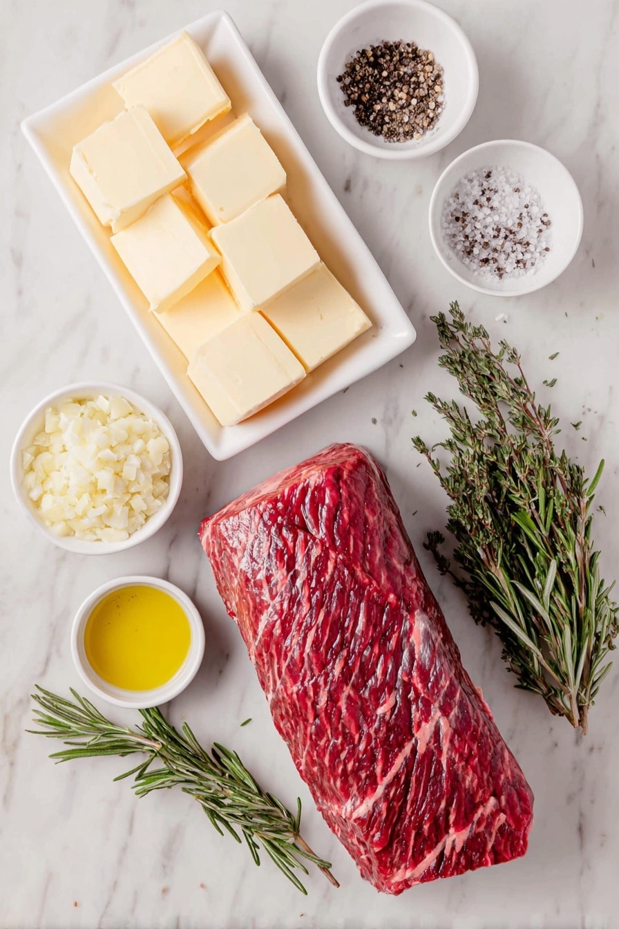 Flat lay of a whole trimmed beef tenderloin, two small neat piles of coarse salt and freshly ground black pepper, a small white bowl of golden avocado oil, a white ceramic dish with three softened salted butter cubes, a small white bowl of finely minced fresh garlic, a small white bowl with smooth creamy prepared horseradish, a few sprigs of fresh rosemary with some leaves minced and scattered, all arranged symmetrically on a clean white marble surface, soft natural light, photo taken with an iPhone, professional food photography style, fresh ingredients, white ceramic bowls, no bottles, no duplicates, no utensils, no packaging --ar 2:3 --v 7 --p m7354615311229779997 - Million Dollar Beef Tenderloin Roast, beef tenderloin roast, fancy beef roast recipe, special occasion beef dinner, garlic herb beef roast