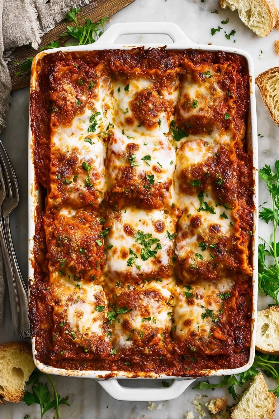 A white rectangular baking dish filled with a nine-piece baked lasagna sits on a white marbled surface, each piece topped with a golden brown melted cheese layer that looks slightly bubbly and crispy around the edges. Below the cheese is a rich red tomato sauce visible around the edges and between the layers, with hints of a thick, meaty filling creating a textured, hearty look under the cheese. Fresh green parsley is sprinkled on top for a touch of color and freshness. Pieces of torn bread and some fresh green herbs surround the dish, adding a rustic feel to the scene. A vintage fork rests to the side, enhancing the homemade vibe. photo taken with an iphone --ar 2:3 --v 7 - Best Homemade Lasagna, homemade lasagna recipe, easy lasagna, cheesy lasagna, Italian lasagna