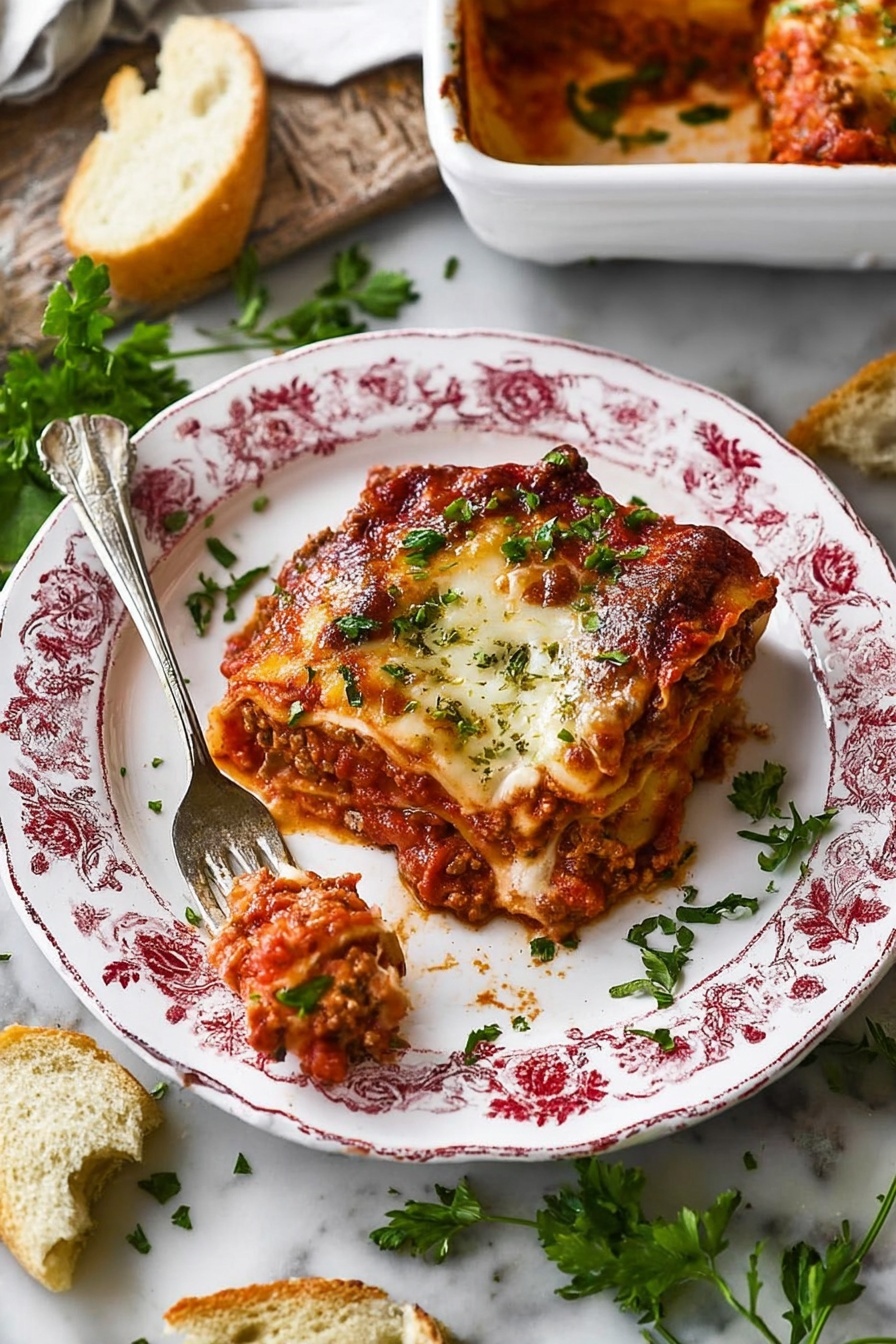 A single square piece of lasagna sits on a white plate with red floral patterns. The lasagna has four visible layers: the top layer is melted golden-brown cheese with some browned spots, below is a thick layer of bright red tomato sauce mixed with meat, followed by a creamy layer of melted cheese, and a base layer of pasta sheets with sauce. Small pieces of chopped green herbs are sprinkled on top for garnish. Next to the lasagna, a fork holds a bite-sized piece with sauce dripping off. Around the plate are torn pieces of white bread and green parsley leaves scattered, all placed on a white marbled surface. In the top right corner, a white casserole dish filled with more lasagna is partially shown. Photo taken with an iphone --ar 2:3 --v 7 - Best Homemade Lasagna, homemade lasagna recipe, easy lasagna, cheesy lasagna, Italian lasagna