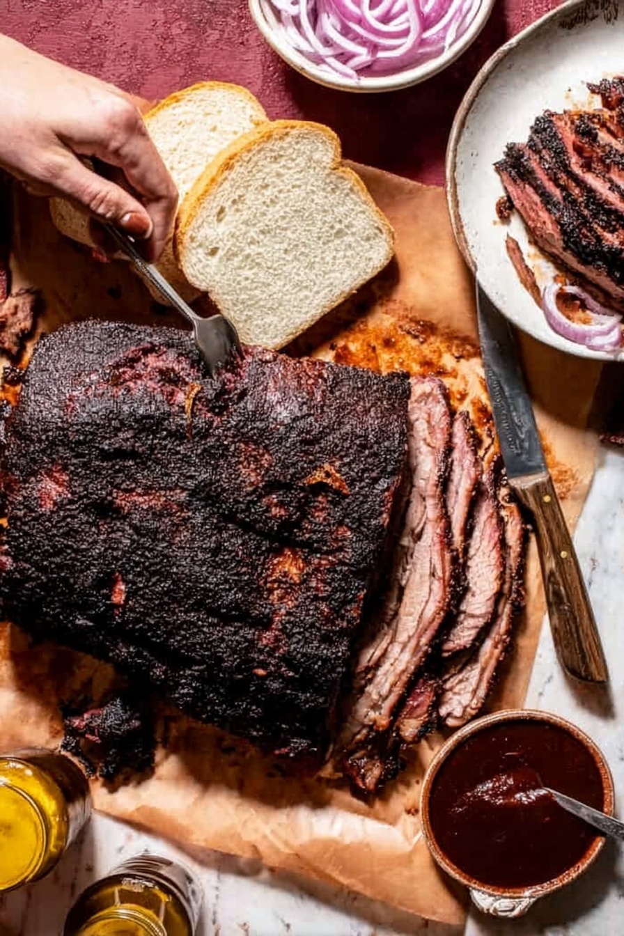 A large piece of dark, grilled meat with a textured, crispy outer layer lies on brown parchment paper, covering most of the white marbled surface. To the top right, thin rings of pale purple onions sit in a small white bowl. Next to the meat, on the left, are five slices of soft, white bread stacked loosely. A woman's hand holds a fork stabbing the meat from the left side, while a knife slices it nearby. On the far right, a white plate holds two pieces of the sliced meat with a small amount of dark sauce beside them. A small bowl filled with thick, dark reddish-brown sauce is placed near the bottom right corner. Photo taken with an iphone --ar 2:3 --v 7 - Texas Smoked Brisket, smoked brisket recipe, how to smoke brisket, Texas BBQ brisket, tender smoked brisket