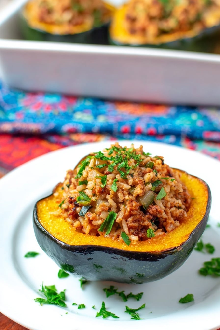 A white plate on a white marbled surface holds one half of a dark green acorn squash filled with a brown and beige rice mixture that includes small bits of vegetables and ground meat, topped with chopped green parsley leaves scattered on top and around the plate. The squash skin frames the bright yellow-orange cooked flesh underneath the rice stuffing. In the blurred background, there is a white baking dish holding other stuffed acorn squash halves. The plate rests on a colorful blue, red, and white patterned cloth. photo taken with an iphone --ar 2:3 --v 7 - Moroccan Stuffed Acorn Squash, stuffed acorn squash recipe, Moroccan squash dish, hearty fall dinner, spicy stuffed squash