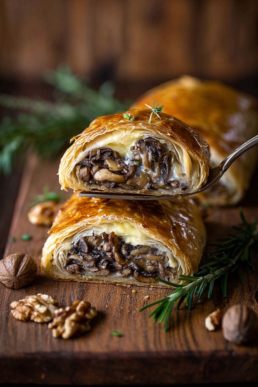 A golden-brown puff pastry filled with a dark mushroom mixture is shown on a wooden board. The whole pastry is cut into two pieces, with each piece revealing layers of flaky crust and a moist, textured mushroom filling inside. Two small sprigs of fresh green rosemary rest on top of the pastry and the cut pieces. Near the bottom right of the board, a small pile of brown pecan nuts adds contrast. A golden spatula is placed under one pastry slice on the left, and a navy blue cloth is to the upper left. The background is a white marbled texture photo taken with an iphone --ar 2:3 --v 7 - Vegan Mushroom Wellington, plant-based mushroom Wellington, vegan holiday dinner, mushroom and pecan Wellington, plant-based festive main dish