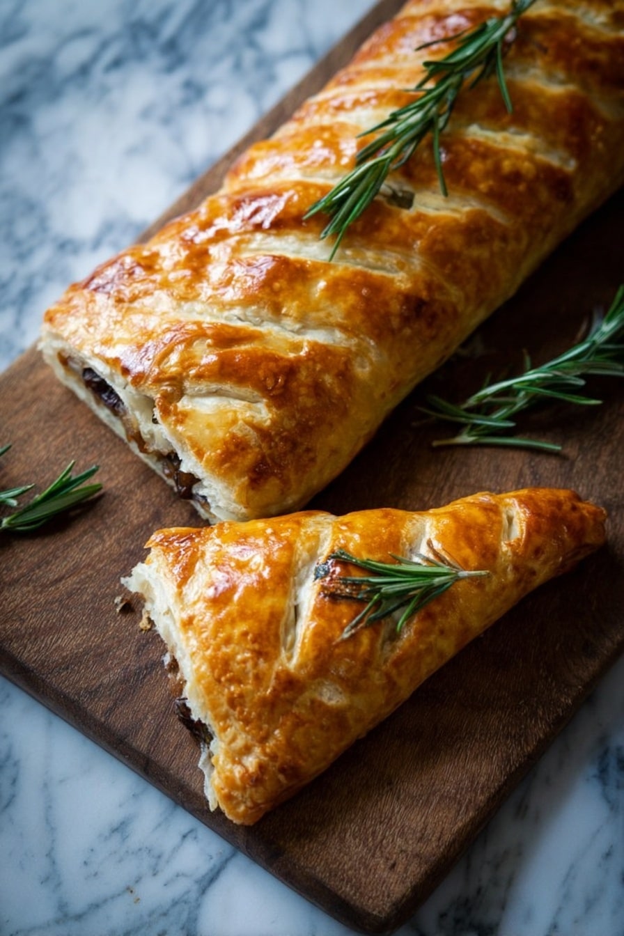 The image shows a golden brown baked pastry with a glossy surface, resting on a wooden board. The pastry is long and rectangular, with slits cut in a diagonal pattern along the top layer, revealing a dark filling inside. One smaller, triangular piece is cut from the pastry and placed in front, topped with a small green rosemary sprig. Another longer rosemary sprig lies across the top of the whole pastry. The background surface has a white marbled texture. photo taken with an iphone --ar 2:3 --v 7 - Vegan Mushroom Wellington, plant-based mushroom Wellington, vegan holiday dinner, mushroom and pecan Wellington, plant-based festive main dish
