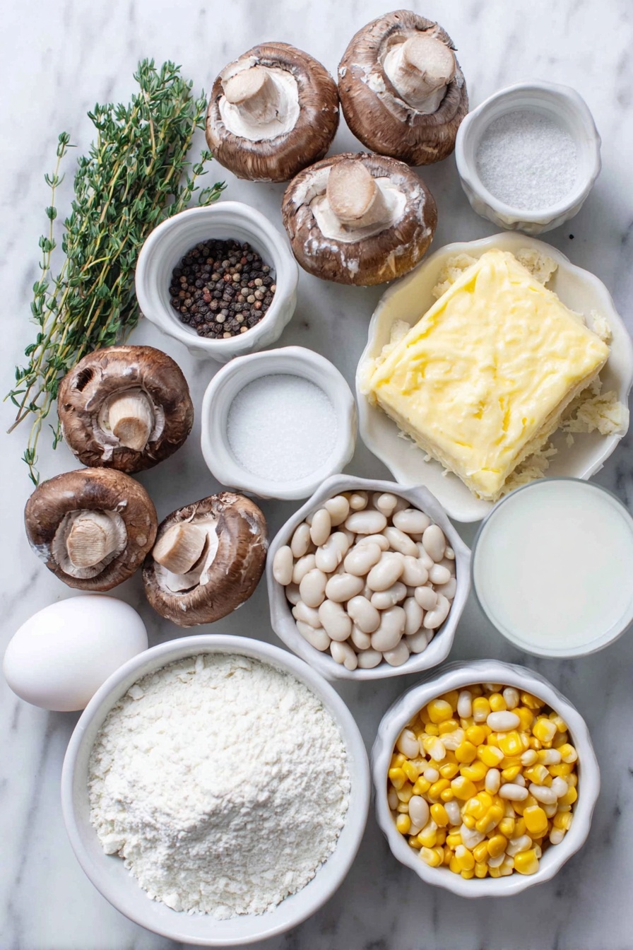 Flat lay of fresh cremini mushrooms sliced, a small mound of finely chopped yellow onion, three whole uncracked garlic cloves, a few bright green sprigs of fresh thyme leaves, a small white bowl with coarse kosher salt, a small white bowl with black peppercorns, a small white bowl of all-purpose flour, a small white bowl of whole milk, a small white bowl of clear vegetable broth, a handful of partially thawed mixed vegetables including carrots, peas, and corn, a small pile of rinsed white navy beans, a small mound of grated Parmesan cheese, a simple round unbaked pie crust, a single whole uncracked brown egg placed next to a small white bowl with water for the egg wash, placed on a clean white marble surface, soft natural light, photo taken with an iPhone, professional food photography style, fresh ingredients, white ceramic bowls, no bottles, no duplicates, no utensils, no packaging --ar 2:3 --v 7 --p m7354615311229779997 - Creamy Vegetable Pot Pie, vegetable pot pie recipe, vegetarian pot pie, cozy vegetable pie, easy creamy pot pie