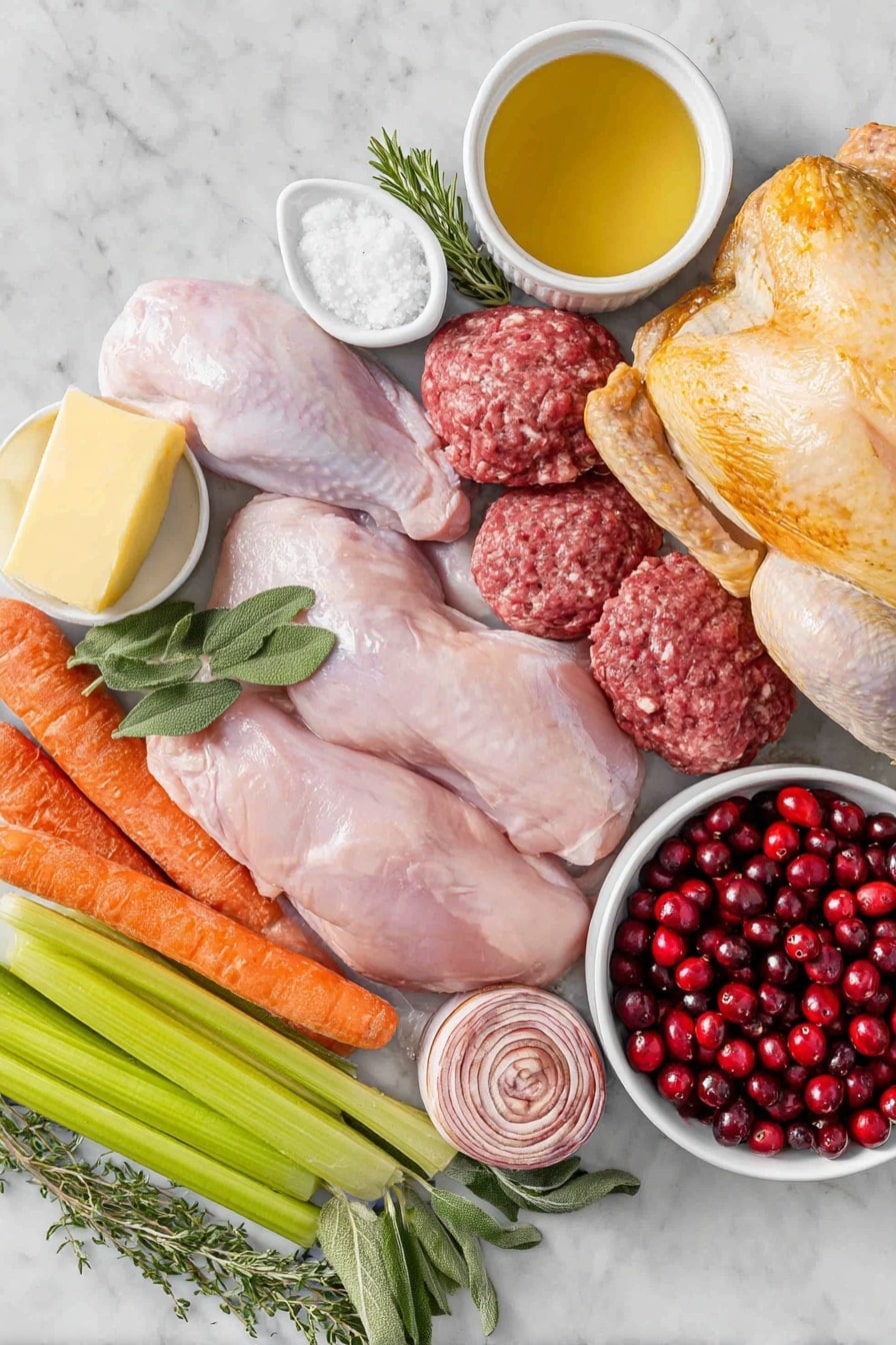 Flat lay of a whole raw turkey with golden skin, two plump boneless skinless chicken breasts, two pink boneless skinless chicken thighs, two glossy boneless skinless duck breasts, two boneless duck legs without skin and bones, a small white ceramic bowl filled with water, a small white ceramic bowl with rich golden chicken broth, a rustic mound of coarse salt crystals, a coil of raw pork sausage, a half stick of pale yellow butter, three fresh celery ribs with bright green leaves, one small round yellow onion, one vibrant orange carrot, five fresh green sage leaves, a small bunch of fresh thyme sprigs, two packages of rustic cornbread slices stacked neatly, and a small white ceramic bowl overflowing with fresh red cranberries – all arranged in perfect symmetry on a clean white marble surface, soft natural light, photo taken with an iPhone, professional food photography style, fresh ingredients, white ceramic bowls, no bottles, no duplicates, no utensils, no packaging --ar 2:3 --v 7 --p m7354615311229779997 - How to Make a Delicious Turducken, turducken recipe, holiday showstopper main dish, layered poultry dish, homemade stuffing ideas