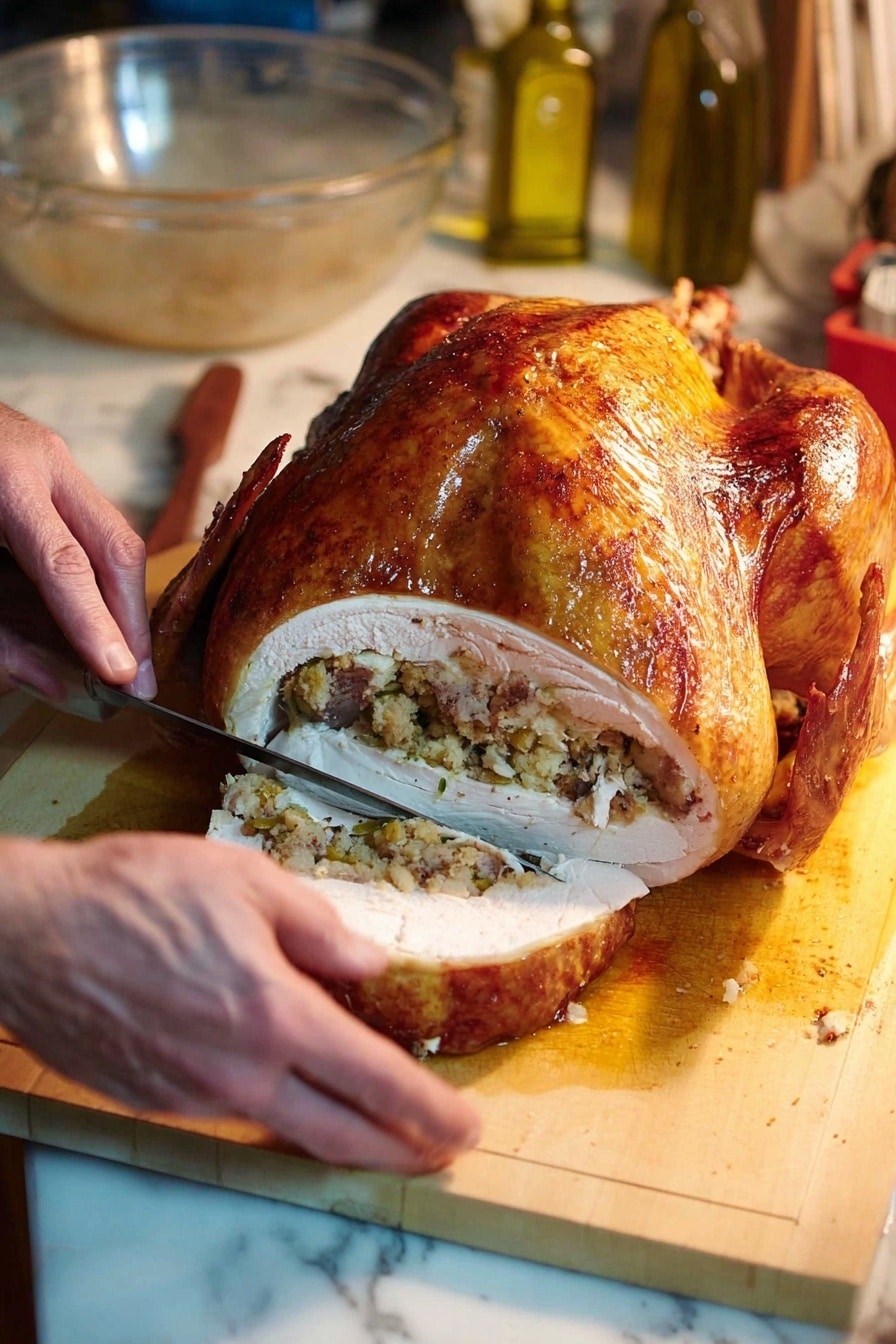 A roasted turkey is open on a wooden board with the skin golden brown and shiny. Inside, there is a thick layer of stuffing with a rough texture, showing bits of vegetables in light brown and orange. Around the stuffing inside, several slices of white turkey meat are neatly laid out, soft and juicy in appearance, while the turkey wings and legs remain attached and have a crispy, darker brown skin. The background shows a clear measuring cup and some kitchen items on a white marbled surface. A large knife with a dark handle lies next to the turkey. Photo taken with an iphone --ar 2:3 --v 7 - How to Make a Delicious Turducken, turducken recipe, holiday showstopper main dish, layered poultry dish, homemade stuffing ideas