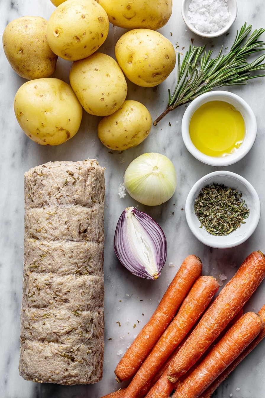 Flat lay of a whole unwrapped Tofurky roast with a natural textured surface, several large chunks of raw Yukon Gold potatoes with their golden yellow skin, two large bright orange carrots cut into large chunks, one small yellow onion halved to show its layers, five peeled large garlic cloves, a few sprigs of fresh green rosemary, fresh chopped rosemary scattered neatly, a small white ceramic bowl filled with golden olive oil, and a small white ceramic bowl containing coarse salt, all ingredients fresh and natural, perfectly arranged with balanced spacing and symmetry, placed on a clean white marble surface, soft natural light, photo taken with an iPhone, professional food photography style, fresh ingredients, white ceramic bowls, no bottles, no duplicates, no utensils, no packaging --ar 2:3 --v 7 --p m7354615311229779997 - Vegan Tofurky Roast with Roasted Vegetables, plant-based holiday roast, vegan holiday main dish, vegan roast for Christmas, easy vegan holiday recipe