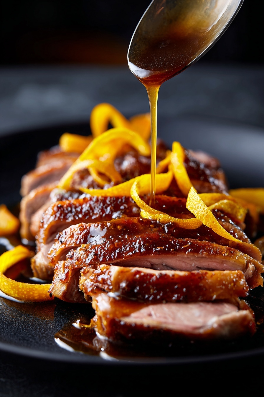 The dish shows several thick slices of cooked duck with brown, crispy skin on top and light pinkish meat inside, arranged close together on a black plate. Thin orange peel strips lie on the duck slices. A spoon pours a glossy brown sauce over the duck and orange peel, adding shine to the meat. The background is dark and blurry, making the duck the focus. photo taken with an iphone --ar 2:3 --v 7 - Duck à l'Orange with Rich Sauce, classic French duck recipe, orange sauce duck, elegant dinner ideas, homemade duck à l'orange