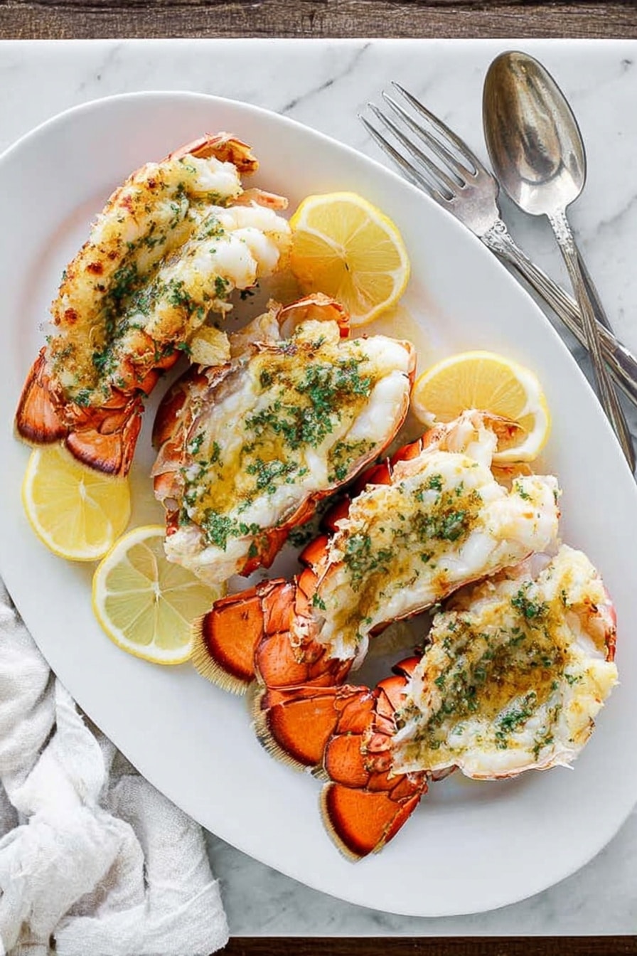 A white oval plate holds three lobster tails arranged side by side, each with a bright orange shell visible at the back and white meat topped with a golden, slightly browned herb butter sauce sprinkled with green herbs. Between and around the lobster tails are several lemon wedges adding a soft yellow color. The plate sits on a white marbled surface, next to a silver spoon and fork on the right side, and a woman's hand slightly visible near a white cloth on the left side. photo taken with an iphone --ar 2:3 --v 7 - Broiled Lobster Tail with Herby Garlic Butter, lobster tail recipe, easy lobster dinner, seafood main course, gourmet lobster dish