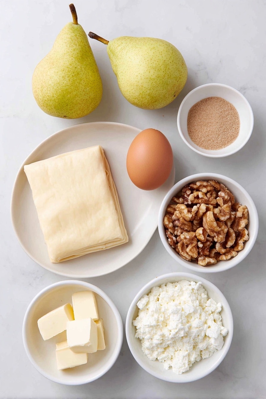 Flat lay of a sheet of thawed puff pastry cut into four squares on a simple white ceramic plate, two fresh ripe pears—one whole and one sliced into quarters and thin slices, a small white bowl of unsalted butter cubes, a small white bowl filled with lightly packed brown sugar, a small white bowl with a pinch of salt, one whole uncracked brown egg with a clean shell, a small white bowl of creamy crumbled blue cheese (gorgonzola), and a small white bowl containing roughly chopped walnuts, all arranged with perfect symmetry and balanced proportions, placed on a clean white marble surface, soft natural light, photo taken with an iPhone, professional food photography style, fresh ingredients, white ceramic bowls, no bottles, no duplicates, no utensils, no packaging --ar 2:3 --v 7 --p m7354615311229779997 - Caramelized Pear and Blue Cheese Tart, pear and blue cheese tart, easy savory tart, caramelized pear appetizer, blue cheese puff pastry
