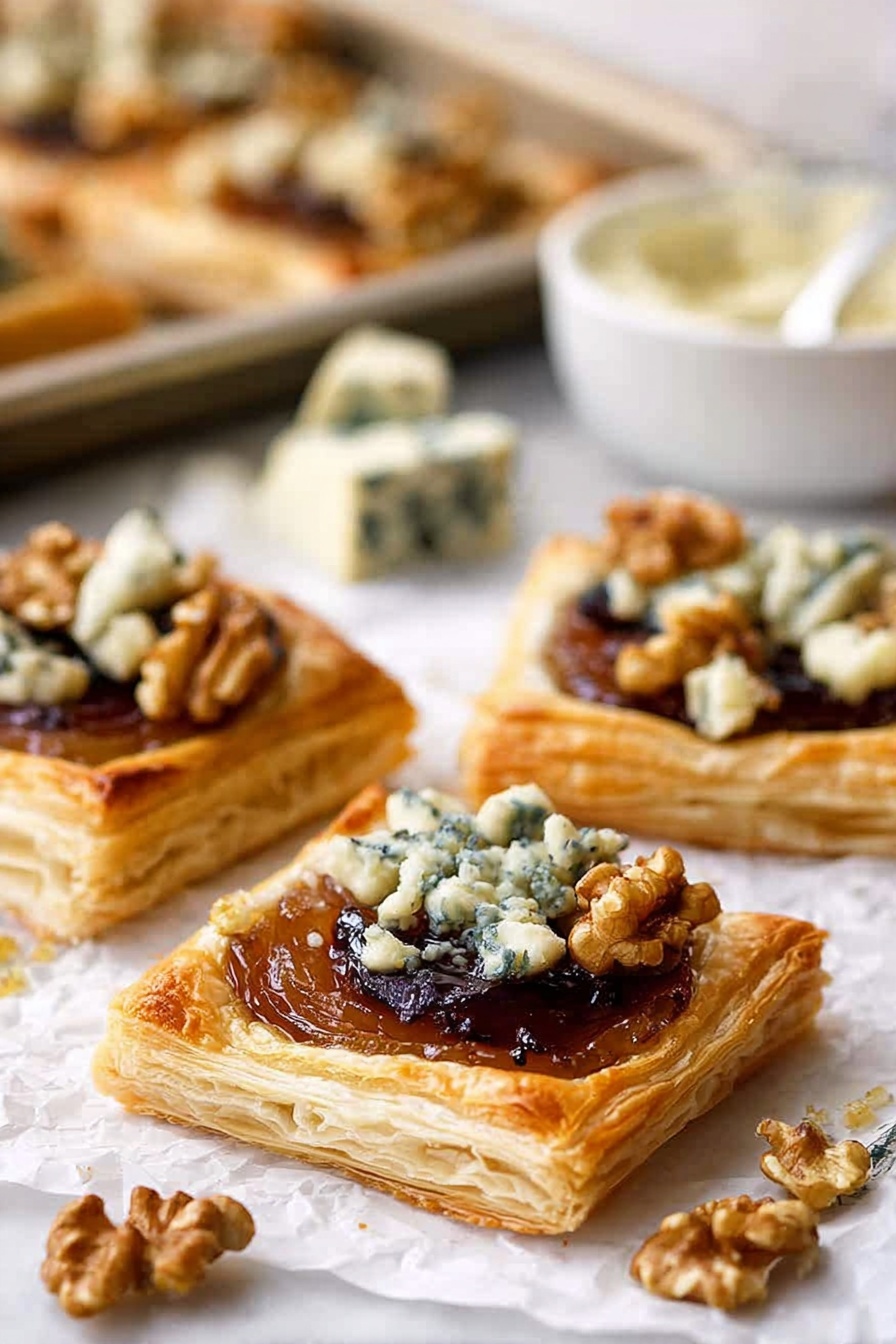 A close-up view of square puff pastry tartlets on a white marbled surface, each layered with a golden-brown flaky crust at the bottom, caramelized fruit in the middle with a shiny dark glaze, and topped with crumbled blue cheese and chopped walnuts scattered unevenly. In the background, more tartlets are placed on a baking tray lined with parchment. Surrounding the tartlets are chunks and small pieces of blue cheese, a white bowl filled with creamy white sauce, and a knife placed near the cheese. The image has a soft focus on the background, emphasizing the front tartlet’s texture and colors. Photo taken with an iphone --ar 2:3 --v 7 - Caramelized Pear and Blue Cheese Tart, pear and blue cheese tart, easy savory tart, caramelized pear appetizer, blue cheese puff pastry