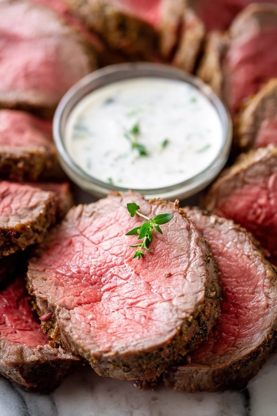 The image shows several thick slices of pink cooked beef arranged in a circular pattern around a small container filled with white, creamy sauce that has small green herb bits. The beef slices have a textured brown outer edge and are placed on a white marbled surface. A small green herb sprig garnishes one of the beef slices. The focus is on the tender inside of the beef, showing a juicy, even pink color. Photo taken with an iphone --ar 2:3 --v 7 - Creamy Horseradish Sauce for Prime Rib, horseradish sauce, prime rib condiment, easy beef sauce, flavorful meat dipping sauce