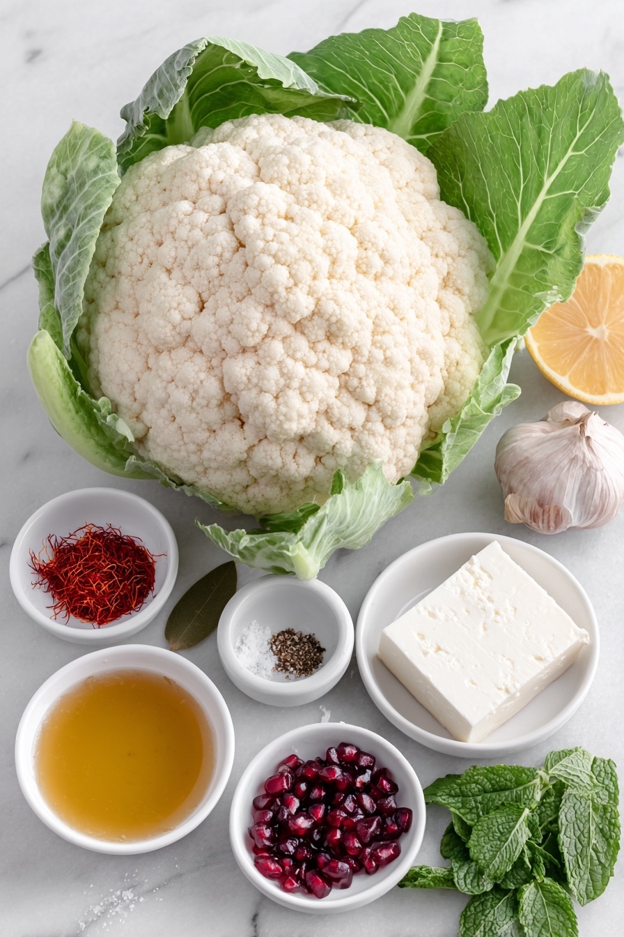Flat lay of a large fresh whole cauliflower with green leaves, a small heap of vivid red saffron threads, coarse Kosher salt crystals, a bright yellow pinch of turmeric powder, two fresh dried bay leaves, one roughly chopped garlic clove, a small white ceramic bowl of extra virgin olive oil with a golden hue, a solid block of creamy white feta cheese, a small white ceramic bowl of thick Greek yogurt, one whole uncracked garlic bulb, one fresh whole lemon with bright yellow skin and a small pile of lemon zest, a small white ceramic bowl with freshly squeezed lemon juice, a small white ceramic bowl of freshly ground black pepper, a small white ceramic bowl of glossy pomegranate molasses, a small white ceramic bowl of amber maple syrup, a scattering of glossy ruby red pomegranate seeds, and a small pile of vibrant green chopped fresh mint leaves, all placed on a clean white marble surface, soft natural light, photo taken with an iPhone, professional food photography style, fresh ingredients, white ceramic bowls, no bottles, no duplicates, no utensils, no packaging --ar 2:3 --v 7 --p m7354615311229779997 - Whole Roasted Cauliflower with Pomegranate and Feta, roasted cauliflower recipe, healthy roasted cauliflower, pomegranate feta cauliflower, easy veggie centerpiece
