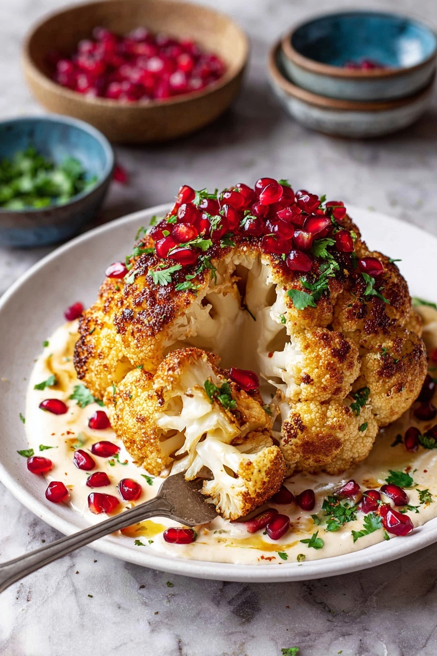 A whole roasted cauliflower with a golden brown, slightly crispy surface sits on a white plate. The cauliflower is topped with bright red pomegranate seeds and small green herb leaves scattered around. It rests on a creamy white sauce that spreads out under it on the plate, also sprinkled with pomegranate seeds and green herbs. A silver fork pierces a piece of cauliflower at the front of the plate. The background shows small bowls of pomegranate seeds and green herbs, all placed on a white marbled surface. photo taken with an iphone --ar 2:3 --v 7 - Whole Roasted Cauliflower with Pomegranate and Feta, roasted cauliflower recipe, healthy roasted cauliflower, pomegranate feta cauliflower, easy veggie centerpiece