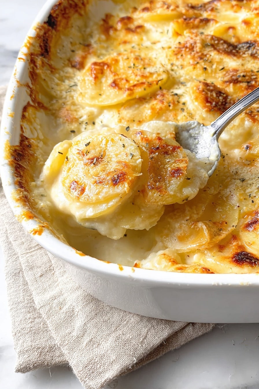 The image shows a close-up of a white baking dish filled with creamy potato gratin. The dish has multiple layers showing thin potato slices covered in a rich, creamy sauce with a golden brown melted cheese crust on top. The cheese is bubbly and slightly browned, with some finely grated cheese sprinkled over the surface. A spoon is lifting a portion of the gratin, revealing soft, tender potato slices beneath the cheesy layer. The dish rests on a beige cloth on a white marbled surface. photo taken with an iphone --ar 2:3 --v 7 - Creamy Old-Fashioned Scalloped Potatoes, scalloped potatoes with cheese, classic scalloped potato casserole, easy scalloped potato side dish, cheesy scalloped potatoes recipe