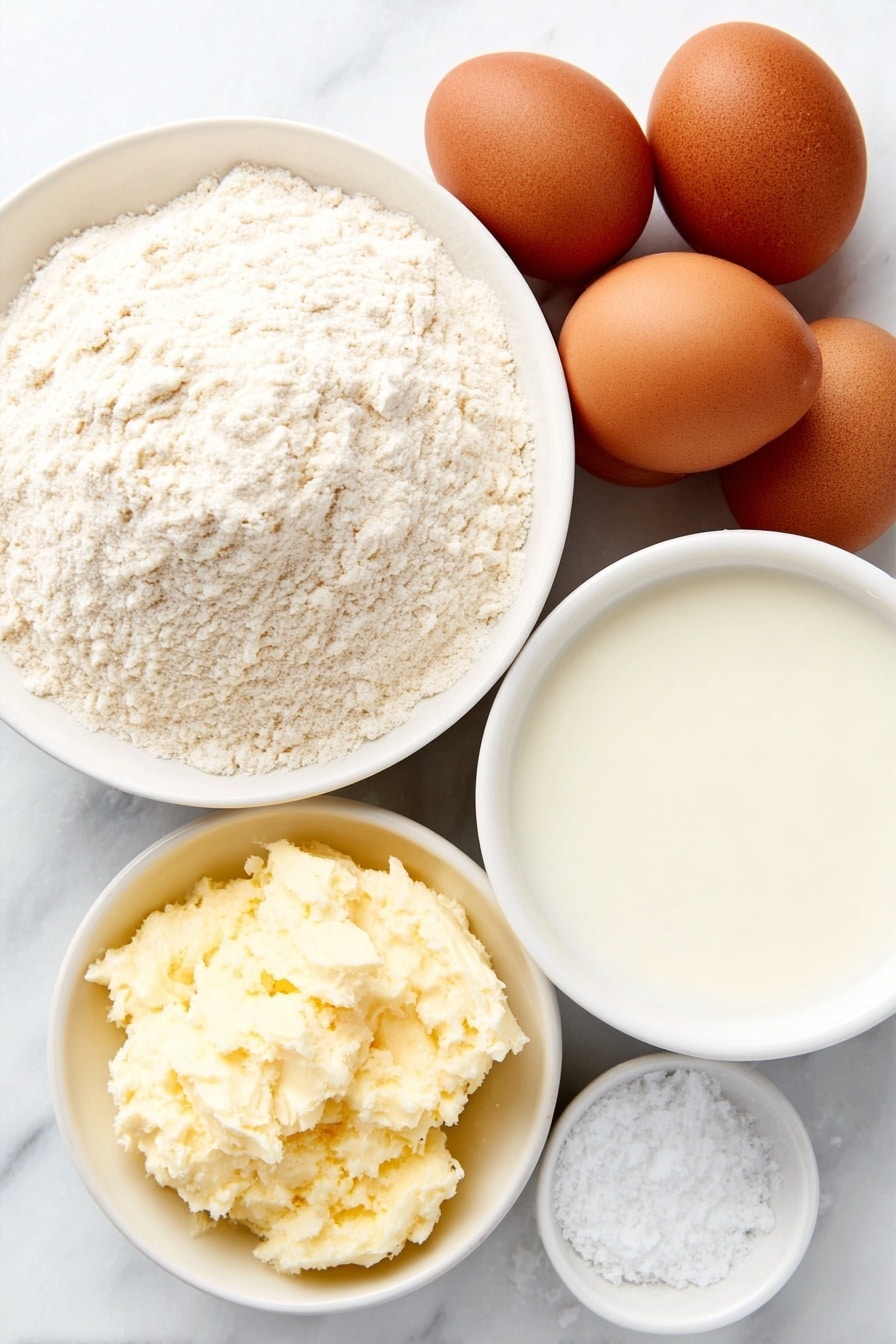Flat lay of four large uncracked brown eggs, a small mound of fine all-purpose flour on a simple white ceramic plate, a small white bowl filled with whole milk, a few grains of coarse salt scattered beside a small white ceramic bowl with golden beef tallow, all arranged symmetrically and balanced, placed on a clean white marble surface, soft natural light, photo taken with an iPhone, professional food photography style, fresh ingredients, white ceramic bowls, no bottles, no duplicates, no utensils, no packaging --ar 2:3 --v 7 --p m7354615311229779997 - Yorkshire Pudding, Perfect Yorkshire Pudding, Classic Yorkshire Pudding, Easy Yorkshire Pudding Recipe, British Yorkshire Pudding