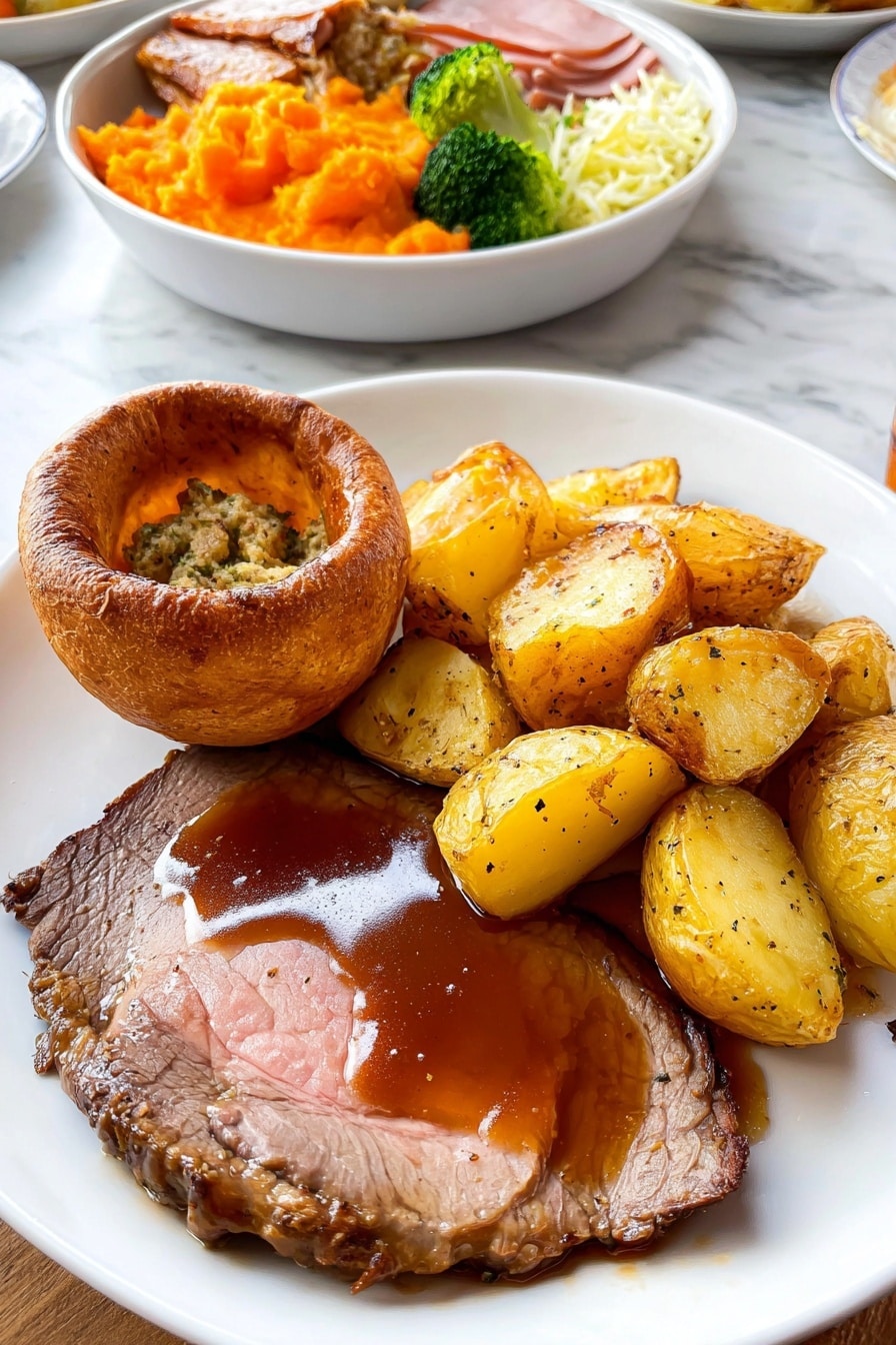 A white plate holds a meal with four main parts: at the bottom right is one large slice of roast beef covered in smooth brown gravy with a shiny surface, showing a tender texture with darker edges. Above the beef are five golden brown roasted potatoes, crispy on the outside with some black pepper. On the left side of the plate is a round Yorkshire pudding with a slightly puffy, light brown crust, inside which sits a textured stuffing ball made of mixed herbs and bits of meat. The plate sits on a white marbled surface. In the background, there is a white bowl filled with bright orange mashed carrots or squash, light green broccoli florets, roasted potatoes, shredded pink ham, and white coleslaw, all on a white marbled surface. photo taken with an iphone --ar 2:3 --v 7 - Yorkshire Pudding, Perfect Yorkshire Pudding, Classic Yorkshire Pudding, Easy Yorkshire Pudding Recipe, British Yorkshire Pudding