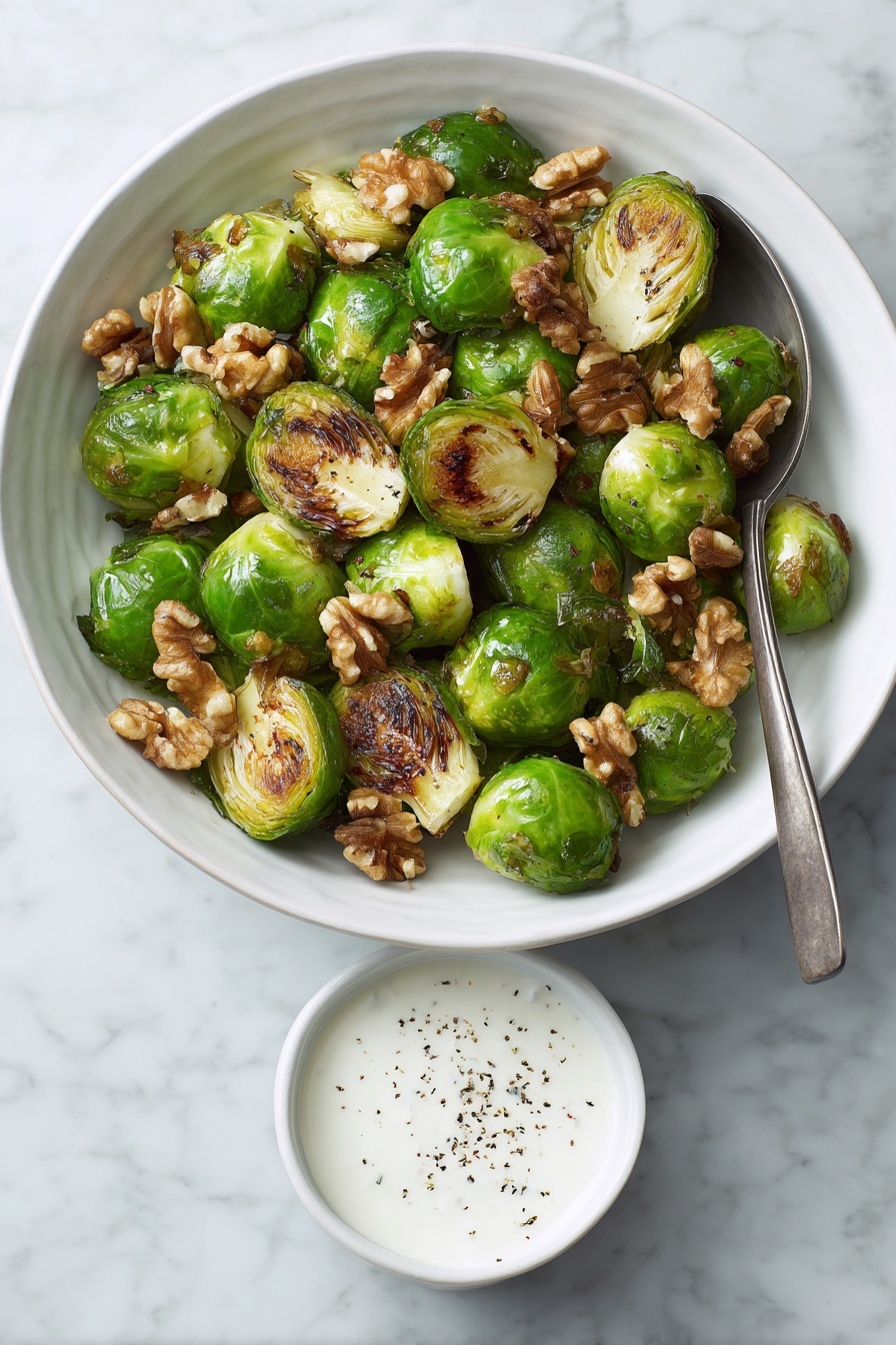 A white dish filled with roasted green Brussels sprouts that have browned, crispy edges. On top, there are many light brown walnut pieces scattered evenly, adding texture and color contrast. To the side, on the white marbled surface, there is a small white bowl containing white creamy sauce with black pepper sprinkled on top. A silver spoon rests in the dish among the Brussels sprouts, slightly visible. The photo taken with an iphone --ar 2:3 --v 7 - Roasted Brussels Sprouts with Walnuts and Pomegranate, Brussels Sprouts Side Dish, Pomegranate and Walnut Veggie Recipe, Healthy Brussels Sprouts Ideas, Easy Roasted Brussels Sprouts
