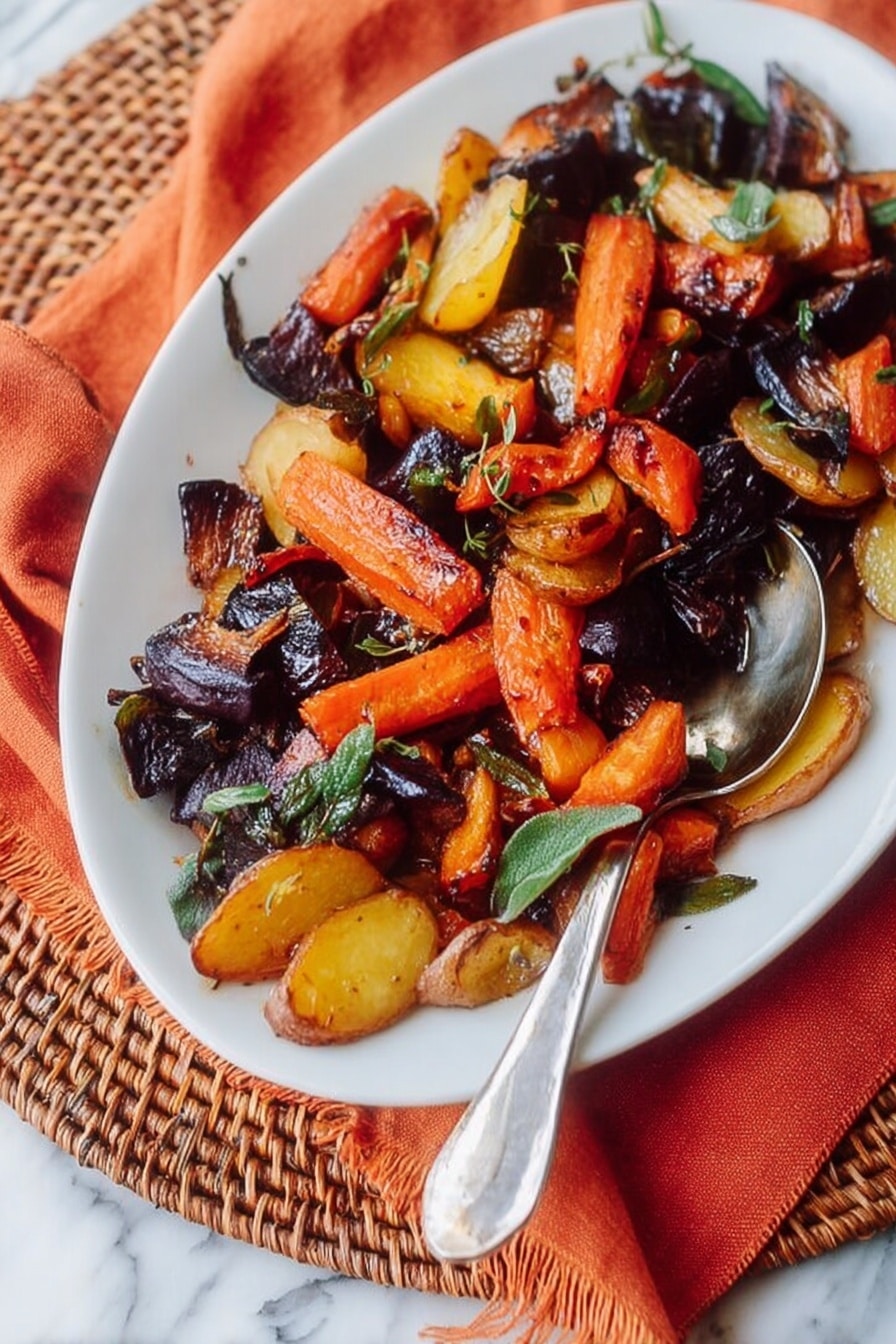 The image shows a white plate filled with roasted vegetable pieces layered in a natural, uneven mix. The bottom layer has dark purple and blackish irregular chunks that look soft with charred edges, placed mostly to the upper left and center. On top and scattered throughout are bright orange carrot pieces, slightly shiny and roasted with some green leafy herbs. There are also golden brown potato slices with crisp edges mixed in, primarily on the lower side of the plate. A silver spoon lies on the right side of the plate, resting partly on the vegetables. The plate sits on a woven mat with an orange cloth partially under it, all placed on a white marbled surface. photo taken with an iphone --ar 2:3 --v 7 - Miso Glazed Roasted Root Vegetables, roasted root vegetables, miso vegetable side dish, healthy roasted root veggies, flavorful veggie side dish