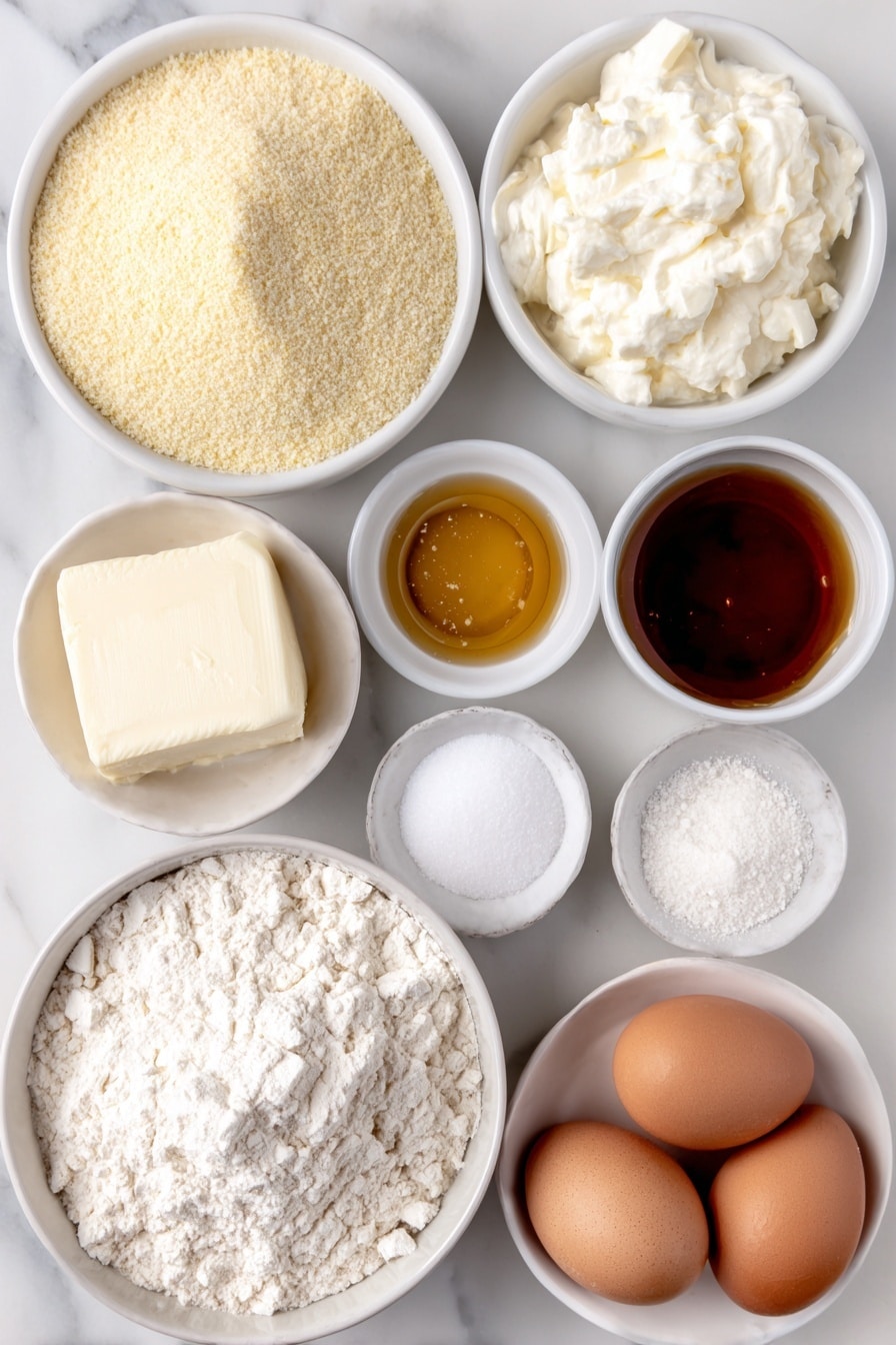 Flat lay of yellow cornmeal in a small mound, a small heap of white all-purpose flour, granulated sugar crystals scattered neatly, a few teaspoons of baking powder powder, a small pile of fine salt, a pat of softened pale yellow butter, a small white bowl of golden honey, a small white bowl with clear light oil, a small white bowl of creamy whole milk, two whole large brown eggs with clean shells placed side by side, arranged symmetrically on simple white ceramic plates and bowls, all placed on a clean white marble surface, soft natural light, photo taken with an iPhone, professional food photography style, fresh ingredients, white ceramic bowls, no bottles, no duplicates, no utensils, no packaging --ar 2:3 --v 7 --p m7354615311229779997 - Moist Cornbread with Honey and Butter, Cornbread recipe with honey and butter, Easy moist cornbread, Homemade honey butter cornbread, Soft and sweet cornbread