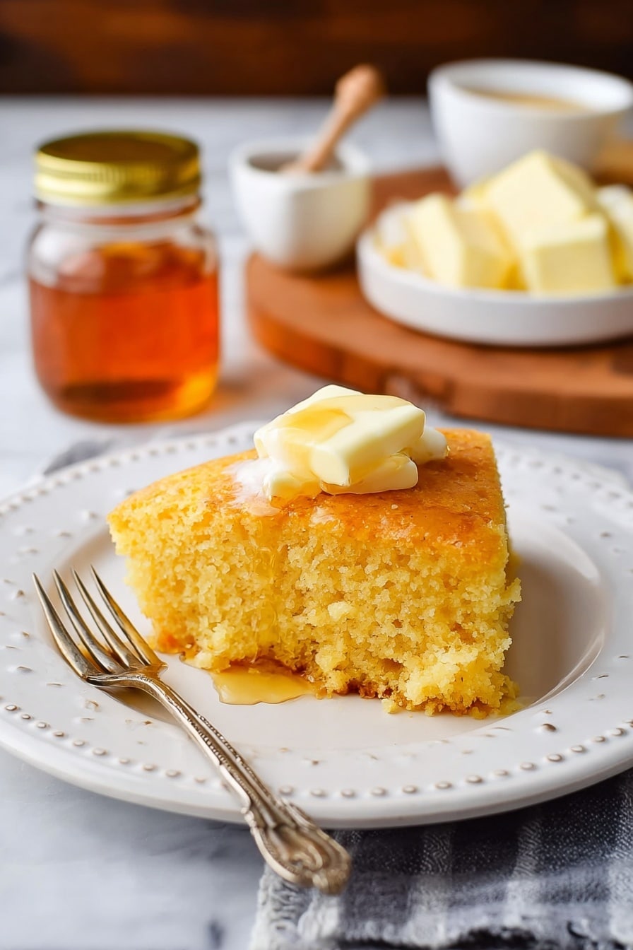 A single piece of golden cornbread sits on a white plate with small raised dots around the edge, showing a soft, crumbly texture with a slightly browned bottom layer. On top of the cornbread, there is a dollop of pale yellow butter beginning to melt, shining slightly. A silver fork with a detailed handle lies on the left side of the plate. In the background, there is a small glass jar filled with amber honey with a gold lid, a small white bowl of honey, and a wooden board with a block of light yellow butter cut into smaller pieces, all set on a white marbled surface. Photo taken with an iphone --ar 2:3 --v 7 - Moist Cornbread with Honey and Butter, Cornbread recipe with honey and butter, Easy moist cornbread, Homemade honey butter cornbread, Soft and sweet cornbread