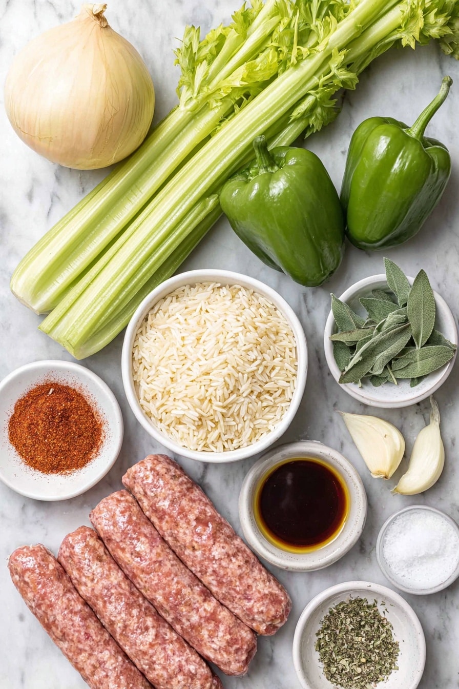 Flat lay of raw basmati rice in a small white bowl, three fresh green bell peppers whole and vibrant, three stalks of celery with fresh leaves, one large unpeeled onion with smooth skin, three peeled garlic cloves, a small white bowl filled with chopped fresh sage, chunks of uncooked vegan sausage with a meaty texture, a small white bowl of deep red smoked paprika powder, a small white bowl with dark amber liquid aminos, a small white bowl of reddish-brown Cajun seasoning, a small white bowl of extra virgin olive oil, a small white bowl filled with coarse salt, and a small cluster of bright green chopped parsley placed on a clean white marble surface, soft natural light, photo taken with an iPhone, professional food photography style, fresh ingredients, white ceramic bowls, no bottles, no duplicates, no utensils, no packaging --ar 2:3 --v 7 --p m7354615311229779997 - Vegan Dirty Rice, vegan Cajun rice, plant-based dirty rice, vegan Cajun dishes, easy vegan dinner