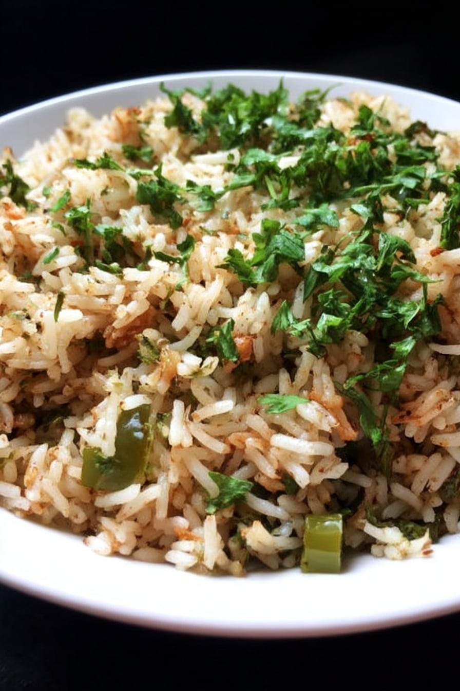 A close-up of a white plate filled with cooked rice mixed with small pieces of green leafy herbs and green vegetable chunks, showing a soft texture and slightly brown color from spices. The rice looks fluffy and mixed evenly with the green herbs on top, giving a fresh look. The background is dark, making the plate and food colors stand out. Photo taken with an iphone --ar 2:3 --v 7 - Vegan Dirty Rice, vegan Cajun rice, plant-based dirty rice, vegan Cajun dishes, easy vegan dinner