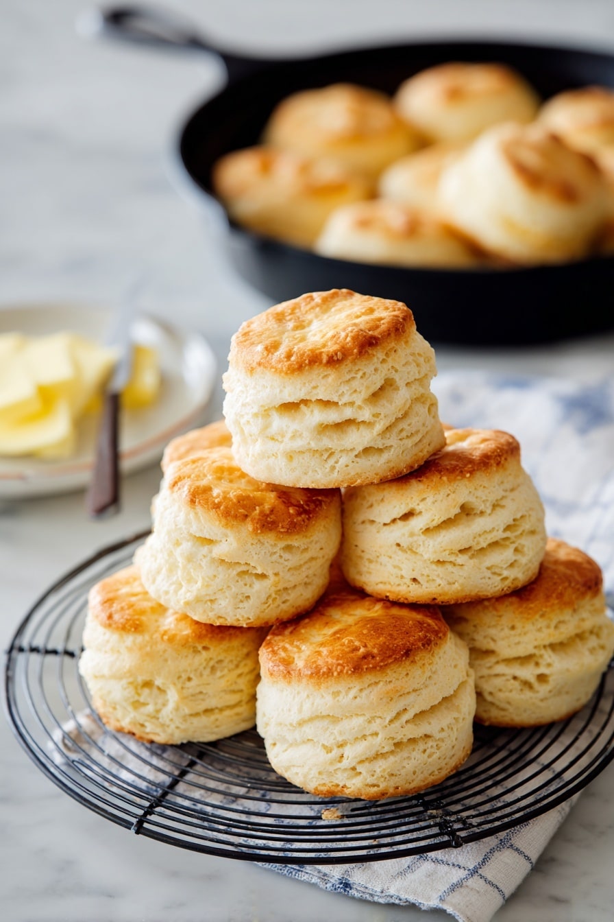 The image shows a stack of nine golden-brown biscuits arranged in two layers on a round metal cooling rack. The biscuits are fluffy with a soft texture and light brown tops, and their sides reveal a tender, crumbly interior. The cooling rack sits on a white marbled surface. In the background, there is a black cast-iron skillet with more biscuits inside, softly out of focus. To the left, a white dish with pale yellow butter and a butter knife rests beside a folded white and blue checkered cloth. photo taken with an iphone --ar 2:3 --v 7 - Fluffy Angel Biscuits with Buttermilk, homemade fluffy biscuits, tender buttermilk biscuits, easy biscuit recipes, perfect angel biscuits