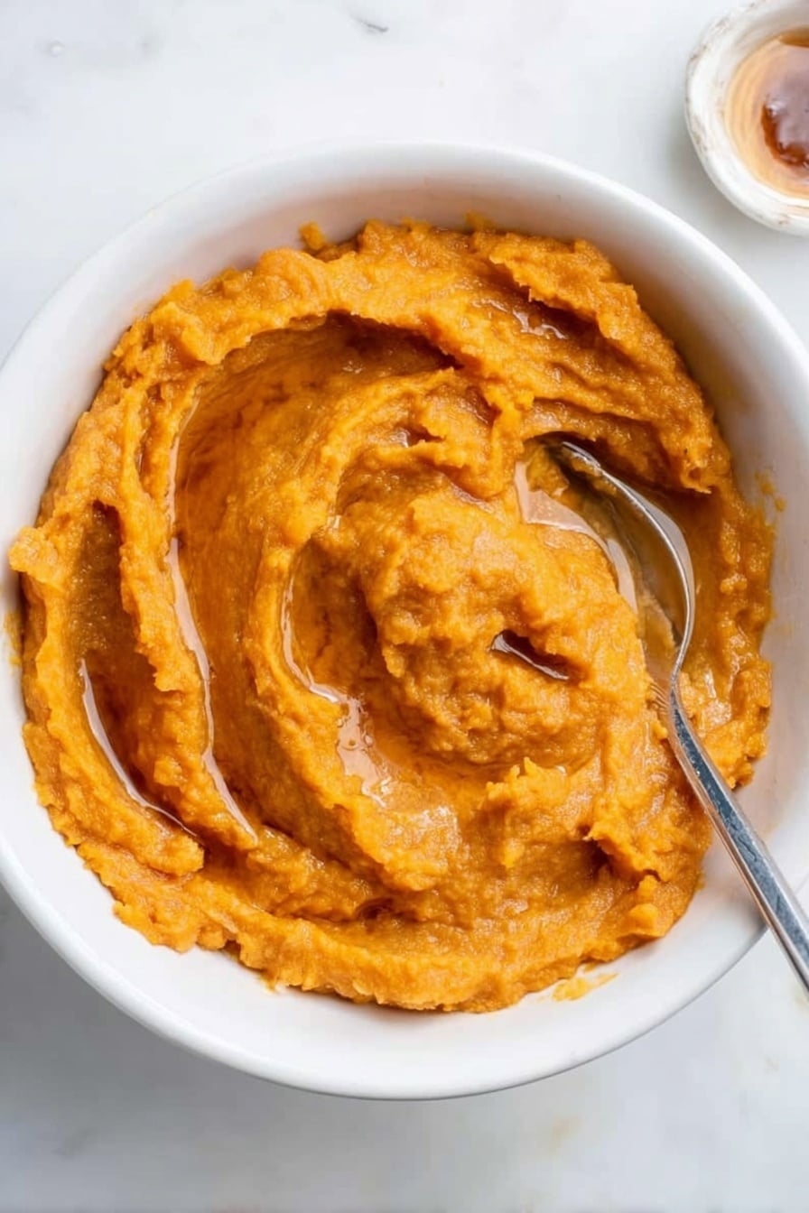 A white bowl filled with smooth sweet potato mash that has a rich orange color and a creamy texture with soft swirls on top. The surface of the mash is glossy, showing a drip of honey or syrup in a few places. A silver spoon is resting inside the bowl on the right side, partially dipped into the mash. The background is a white marbled surface, adding a clean and simple look to the scene. Photo taken with an iphone --ar 2:3 --v 7 - Brown Butter Mashed Sweet Potatoes, mashed sweet potato recipes, caramelized sweet potatoes, cozy side dishes, holiday vegetable sides