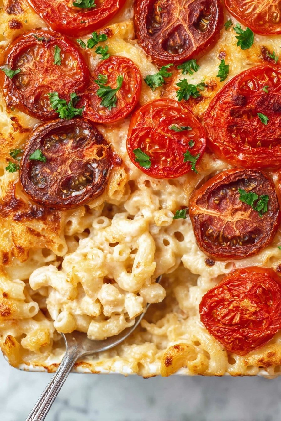 The image shows a baked pasta dish with three main layers. The bottom layer is creamy, whitish macaroni pasta that looks soft and cheesy. On top of that, there is a layer of melted cheese that is bubbly and golden in some spots. The top layer is decorated with thick slices of both red and purple baked tomatoes, which have a slightly wrinkled texture. Small green parsley leaves are scattered on the tomato layer for a fresh look. The dish is placed on a white marbled surface, and a silver spoon holds a scoop of the pasta mix. photo taken with an iphone --ar 2:3 --v 7 - Baked Tomato Mac and Cheese, baked tomato mac and cheese, cheesy tomato pasta bake, creamy baked mac and cheese with tomatoes, easy baked mac and cheese with roasted tomatoes