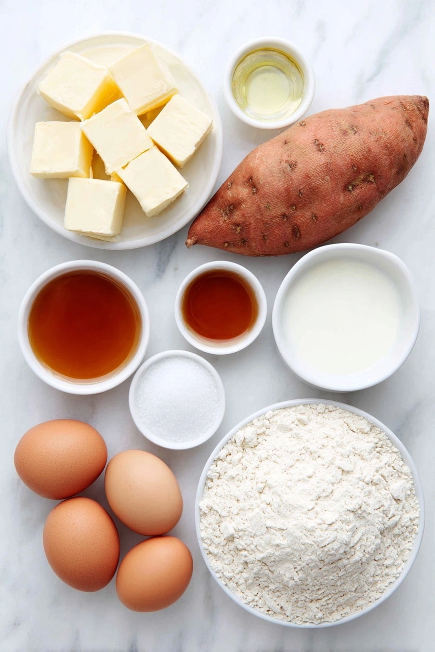 Flat lay of a peeled large sweet potato cut into chunks, a small white ceramic bowl with whole milk, a small white ceramic bowl with warm water, a small white ceramic bowl of granulated sugar, two large whole uncracked eggs with clean shells, a small white ceramic bowl with melted butter, a mound of bread flour on the surface, a small white ceramic bowl of kosher salt, a small white ceramic bowl with cane syrup, and a small white ceramic bowl of flaky sea salt, all arranged with perfect symmetry on a clean white marble surface, soft natural light, photo taken with an iPhone, professional food photography style, fresh ingredients, white ceramic bowls, no bottles, no duplicates, no utensils, no packaging --ar 2:3 --v 7 --p m7354615311229779997 - Sweet Potato Bread Rolls, soft sweet potato rolls, homemade bread recipes, fluffy bread roll recipe, holiday bread ideas
