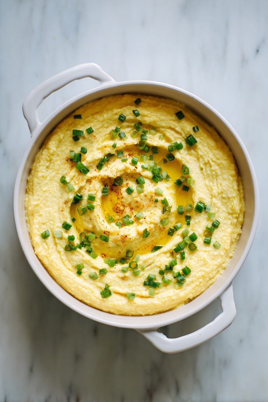 The image shows a round white pot filled with creamy yellow hummus that has a textured, slightly chunky surface. The hummus is swirled in the middle to create a small well that holds some light golden oil. Scattered evenly on top are small, bright green chopped scallion pieces, adding a fresh contrast to the creamy base. The pot handles are visible on each side, sitting on a white marbled background. photo taken with an iphone --ar 2:3 --v 7 - Creamed Corn Grits, creamed corn gritss, Southern creamed corn grits, creamy corn and grits, comforting cornbread side dish