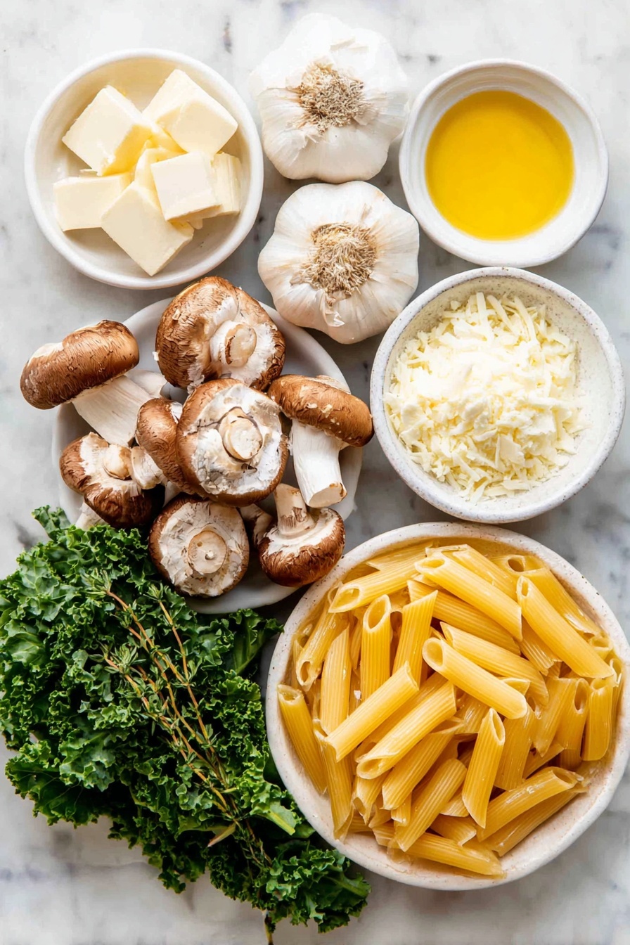 Flat lay of a small pile of chopped medium brown onion, a few sliced chestnut brown mushrooms, a small bunch of fresh curly kale leaves with woody stems removed, three whole uncracked garlic cloves, a handful of fresh thyme sprigs, a small white ceramic bowl filled with golden olive oil, a small white ceramic bowl with pale butter cubes, a small white ceramic bowl of plain white flour, a small white ceramic bowl of creamy semi-skimmed milk, a small white ceramic bowl with smooth Dijon mustard, a small white ceramic bowl of fine sea salt, a small white ceramic bowl of ground black pepper, a small white ceramic bowl of freshly cracked black pepper, a small white ceramic bowl with panko breadcrumbs, a small white ceramic bowl filled with finely grated pale yellow hard Italian pecorino cheese, a small white ceramic bowl with finely chopped fresh parsley leaves, and a neat pile of uncooked yellow penne pasta tubes, all arranged symmetrically with realistic proportions on a clean white marble surface, soft natural light, photo taken with an iPhone, professional food photography style, fresh ingredients, white ceramic bowls, no bottles, no duplicates, no utensils, no packaging --ar 2:3 --v 7 --p m7354615311229779997 - Creamy Mushroom Kale Pasta Bake, mushroom kale pasta casserole, hearty mushroom kale pasta, cheesy vegetable pasta bake, easy healthy pasta recipes