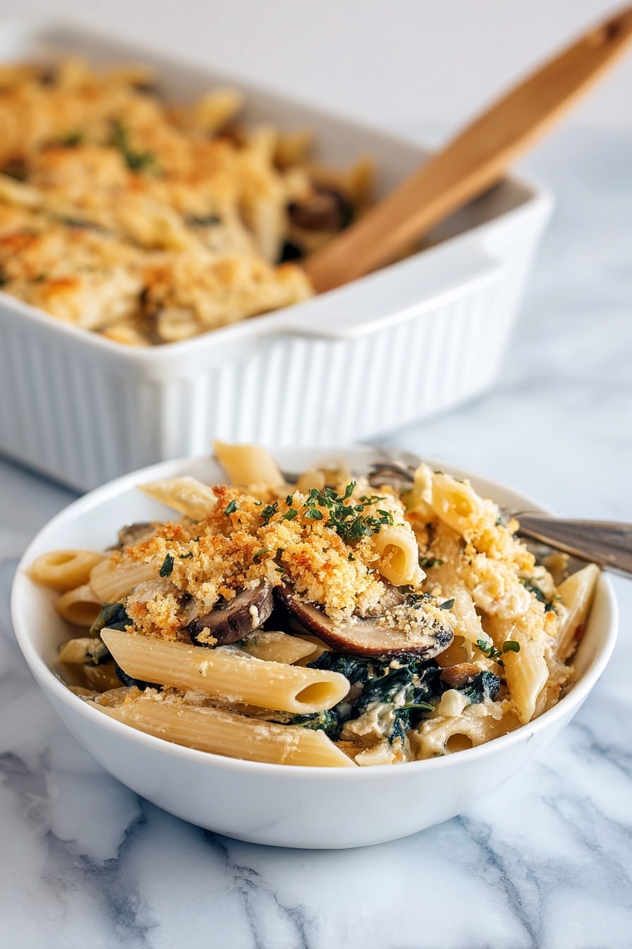 A white bowl on a white marbled surface holds a serving of baked pasta with three main layers: light golden penne pasta with some edges browned, dark green spinach leaves mixed in, and sautéed brown mushrooms scattered throughout. The top layer is sprinkled with pale, crumbly bread crumbs or cheese that give a slight crispy texture. A silver fork rests on the right side inside the bowl. In the top left corner, a white baking dish with more baked pasta is partially visible, showing browned edges and a wooden spoon inside. Small sprigs of fresh thyme lay on the surface near the bowl. Photo taken with an iphone --ar 2:3 --v 7 - Creamy Mushroom Kale Pasta Bake, mushroom kale pasta casserole, hearty mushroom kale pasta, cheesy vegetable pasta bake, easy healthy pasta recipes