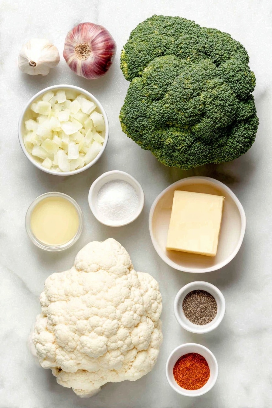 Flat lay of a large head of broccoli with bright green florets, a head of cauliflower with creamy white florets, a few small cubes of pale yellow butter, half a medium onion diced into small white pieces, two whole cloves of garlic unpeeled, a small white ceramic bowl of all-purpose flour, a small white ceramic bowl filled with low-sodium chicken broth, a block of cream cheese at room temperature, a small white ceramic bowl with a pinch of salt, a small white ceramic bowl filled with ground black pepper, a small white ceramic bowl containing seasoned salt, a small white ceramic bowl with paprika powder, a small white ceramic bowl of golden seasoned breadcrumbs, and a small white ceramic bowl heaped with grated Monterey Jack cheese placed on a clean white marble surface, soft natural light, photo taken with an iPhone, professional food photography style, fresh ingredients, white ceramic bowls, no bottles, no duplicates, no utensils, no packaging --ar 2:3 --v 7 --p m7354615311229779997 - Creamy Broccoli Cauliflower Casserole, cheesy vegetable bake, easy veggie casserole, healthy broccoli cauliflower dish, family-friendly veggie sides