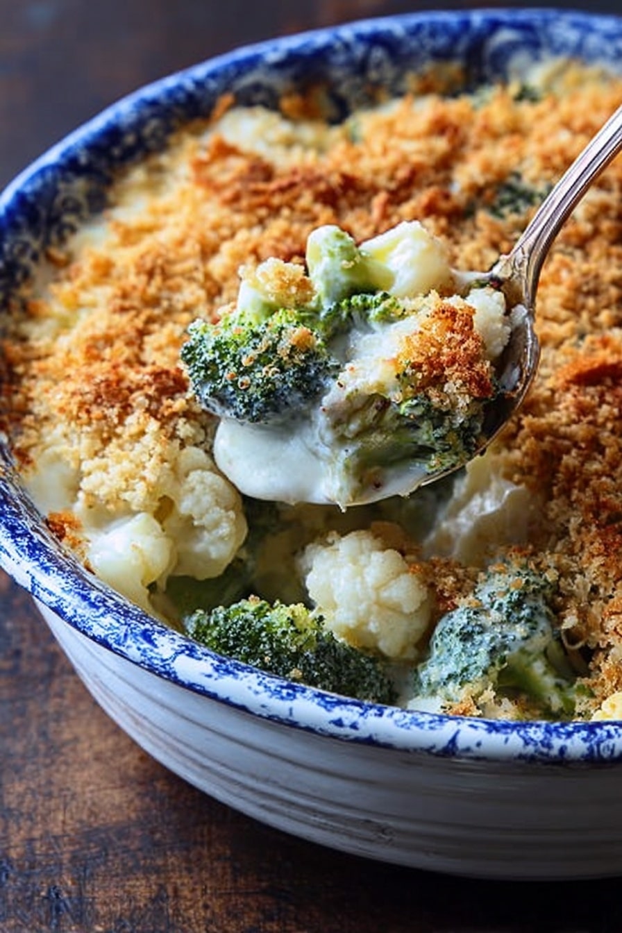 A white bowl with a blue patterned rim holds a creamy vegetable casserole with two main layers; the bottom layer is a mix of bright white cauliflower and green broccoli pieces covered in a white sauce, while the top layer is a golden-brown crispy crumb topping that looks crunchy and textured. A spoon inside the bowl lifts out some broccoli and cauliflower, showing the thick sauce soaking the vegetables. The bowl is placed on a dark wooden surface. photo taken with an iphone --ar 2:3 --v 7 - Creamy Broccoli Cauliflower Casserole, cheesy vegetable bake, easy veggie casserole, healthy broccoli cauliflower dish, family-friendly veggie sides