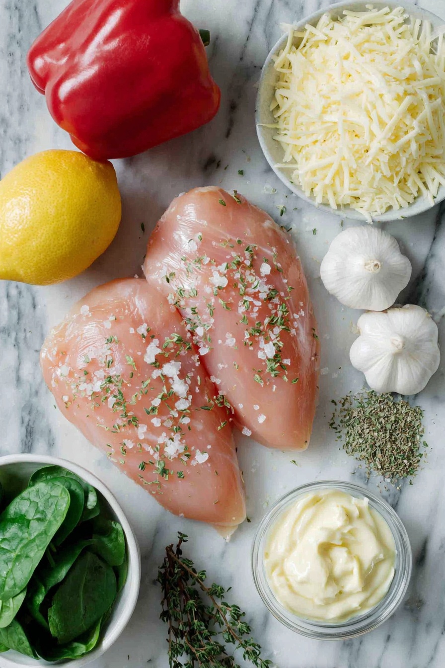 Flat lay of fresh boneless skinless chicken breasts, a whole red bell pepper with glossy skin, half a medium yellow onion with papery peel, drained quartered artichoke hearts, a small pile of lightly packed baby spinach leaves, freshly grated parmesan shavings, a small white ceramic bowl of creamy mayonnaise, four whole garlic cloves with papery skins, a whole bright yellow lemon, a small white ceramic bowl of dried oregano, a small white ceramic bowl of dried thyme, a small white ceramic bowl of kosher salt, and a small white ceramic bowl of freshly ground black pepper, all arranged symmetrically placed on a clean white marble surface, soft natural light, photo taken with an iPhone, professional food photography style, fresh ingredients, white ceramic bowls, no bottles, no duplicates, no utensils, no packaging --ar 2:3 --v 7 --p m7354615311229779997 - Spinach Artichoke Chicken Bake, creamy chicken bake with spinach and artichokes, easy chicken dinner recipes, one-pan chicken dish, healthy chicken bake ideas