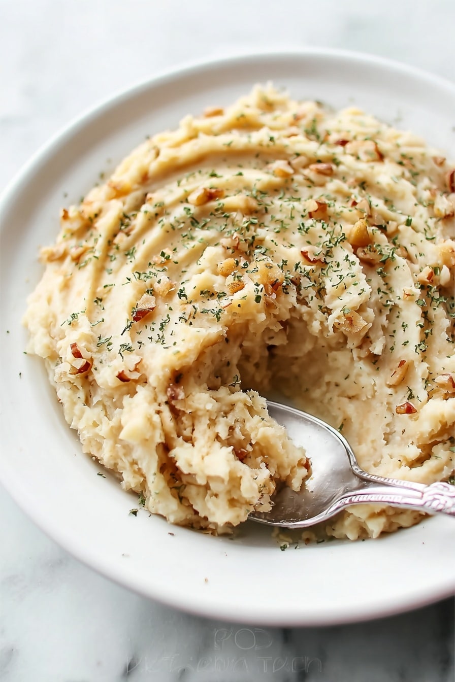A white plate sits on a white marbled surface, filled with a creamy mashed dish. The mashed layer is light beige and slightly chunky with small bits of nuts or grains mixed in. The top has soft ridges made by a utensil, and it is sprinkled with finely chopped green herbs. A silver spoon scoops a portion from the right side of the plate, showing the moist, dense texture inside. photo taken with an iphone --ar 2:3 --v 7 - Creamy Cabbage and Carrot Coleslaw, healthy coleslaw recipes, easy vegetable salads, vegan-friendly coleslaw, refreshing summer salads