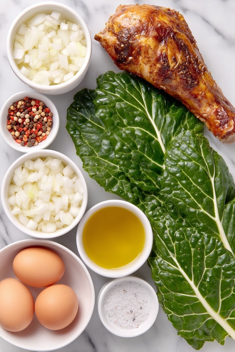 Flat lay of fresh collard greens leaves neatly stacked, a whole smoked turkey leg with rich mahogany skin, a small white bowl of finely diced white onions, a small white bowl of minced garlic cloves, a small white bowl holding coarse red pepper flakes, a cluster of whole uncracked brown eggs, a small white bowl filled with clear chicken broth, a small white bowl of extra virgin olive oil with golden hue, a small white bowl of white distilled vinegar, a small mound of coarse sea salt sprinkled with black pepper, all arranged symmetrically and balanced on a clean white ceramic plate and bowls, placed on a clean white marble surface, soft natural light, photo taken with an iPhone, professional food photography style, fresh ingredients, white ceramic bowls, no bottles, no duplicates, no utensils, no packaging --ar 2:3 --v 7 --p m7354615311229779997 - Southern Collard Greens, Southern Collard Greens recipe, easy collard greens, Southern comfort food, smoked turkey collard greens