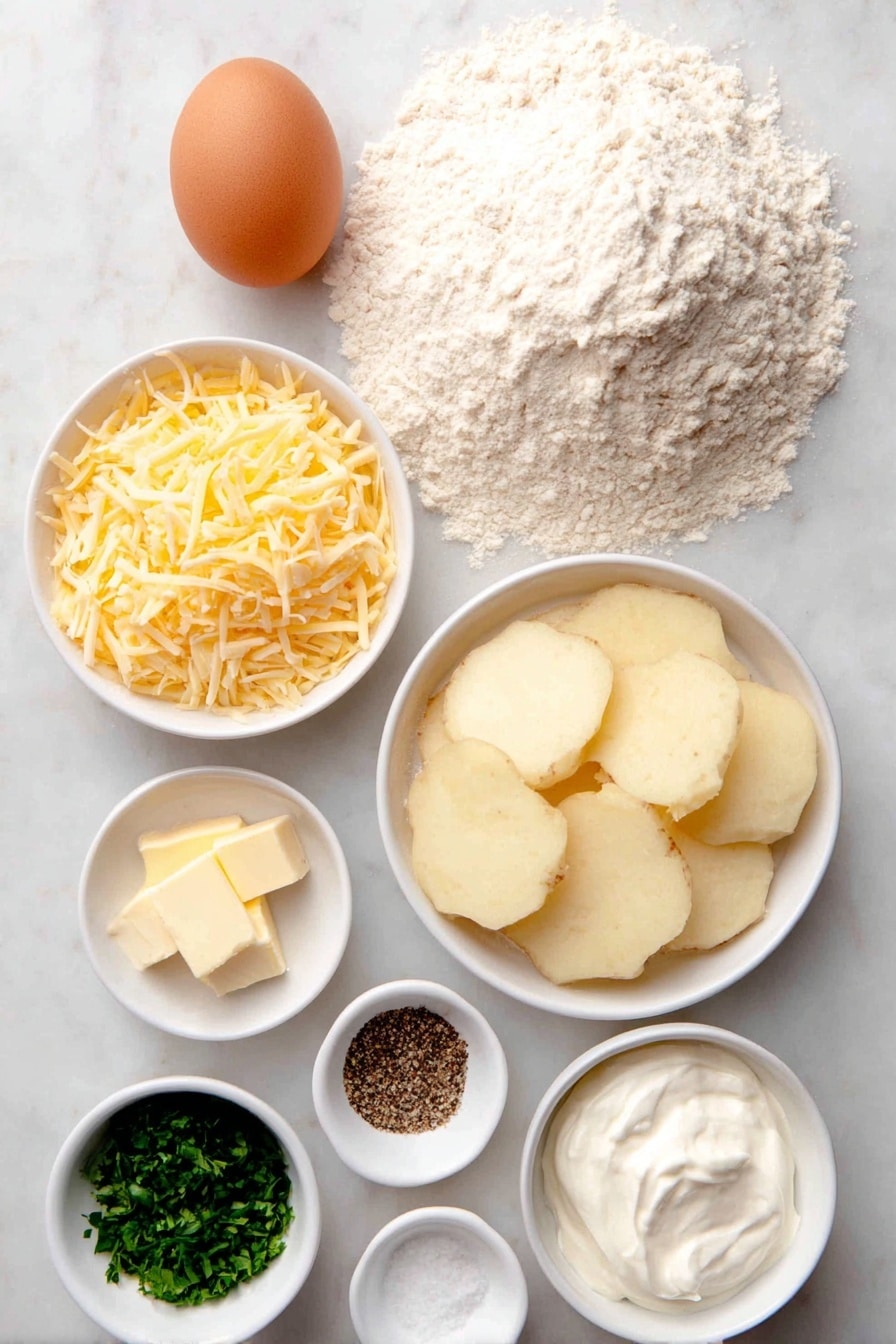 Flat lay of a small mound of plain all-purpose flour, a small white bowl filled with kosher salt, a few small cubes of unsalted butter, a small white bowl of clear water, one large whole brown egg with a clean shell, two peeled medium potatoes sliced into half-inch thick rounds, a small white bowl of shredded cheddar cheese, a small white bowl of ground black pepper, one medium yellow onion finely diced, a small white bowl of sour cream, and a few finely chopped sprigs of fresh parsley, all arranged symmetrically and balanced, placed on a clean white marble surface, soft natural light, photo taken with an iPhone, professional food photography style, fresh ingredients, white ceramic bowls, no bottles, no duplicates, no utensils, no packaging --ar 2:3 --v 7 --p m7354615311229779997 - Cheesy Potato Pierogi Ruskie, Polish pierogi filling recipe, homemade pierogi dumplings, comfort Polish dishes, cheesy potato dumplings