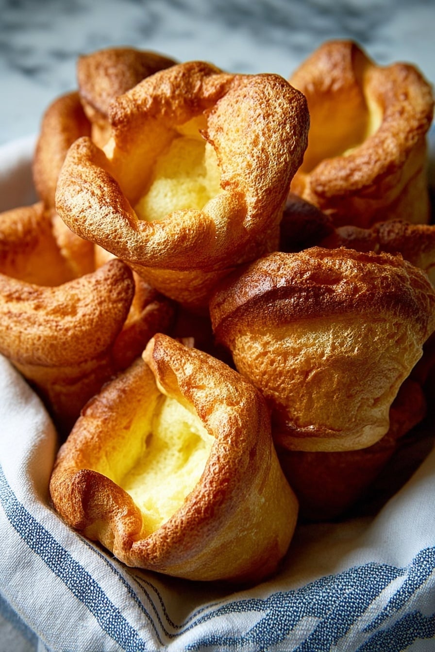 A close-up view of a stack of golden brown popovers with a slightly crispy and puffed texture, arranged on a white cloth with blue stripes. The popovers have hollow centers visible in some pieces, showing a light, airy inside with a pale yellow color. The popovers are piled closely together, creating a sense of depth and highlighting their uneven, rustic shapes and crispy edges. The background features a white marbled texture, softening the warm tones of the popovers. Photo taken with an iphone --ar 2:3 --v 7 - Fluffy Popovers with Bread Flour, airy bread flour popovers, homemade bread flour popovers, easy bread flour breakfast, golden crust popover recipe