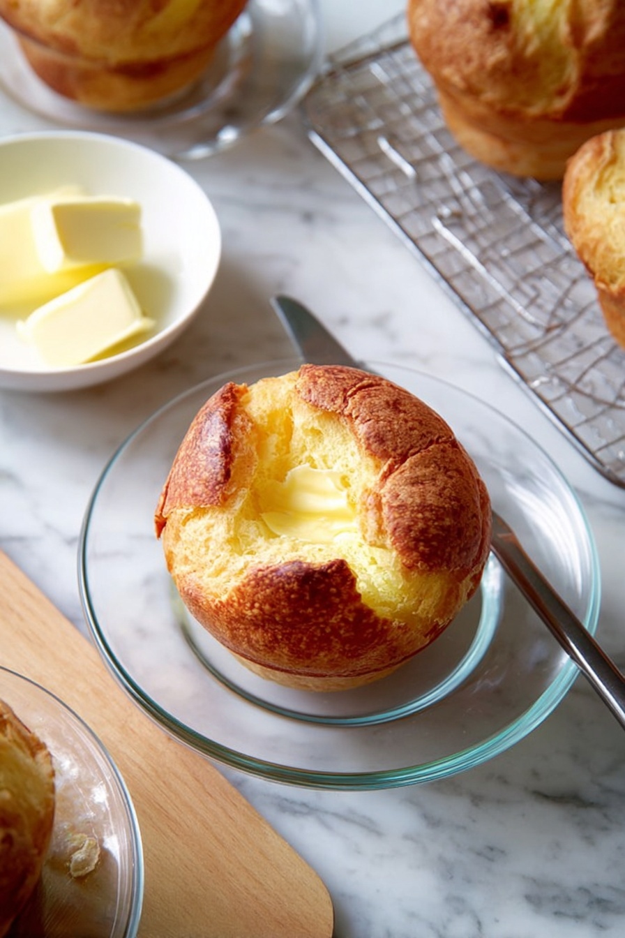 The image shows a single round pastry with a golden brown crust and a slightly cracked top, revealing a soft pale yellow interior. The pastry sits in the middle of a clear glass plate on a white marbled surface. Nearby, there is a small white bowl containing a block of soft yellow butter, with a knife resting on top. Around the main pastry, parts of other similar pastries on glass plates and a cooling rack are visible. Photo taken with an iphone --ar 2:3 --v 7 - Fluffy Popovers with Bread Flour, airy bread flour popovers, homemade bread flour popovers, easy bread flour breakfast, golden crust popover recipe