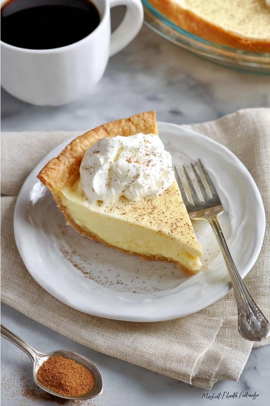 A slice of cream pie is shown on a white plate with a light dusting of brown spice over the top. The pie has two layers: a golden-brown crust at the bottom with a smooth, pale yellow creamy layer above it, topped with a dollop of white whipped cream. A silver fork rests on the plate beside the pie slice. The plate is on a light beige cloth with a metal spoon containing brown spice near the bottom left. In the background, part of a glass pie dish with more pie and a white cup of black coffee sit on a white marbled surface. photo taken with an iphone --ar 2:3 --v 7 - Eggnog Pie, Eggnog Pie with Whipped Topping, Holiday Eggnog Dessert, Christmas Pie Recipe, Easy Eggnog Dessert
