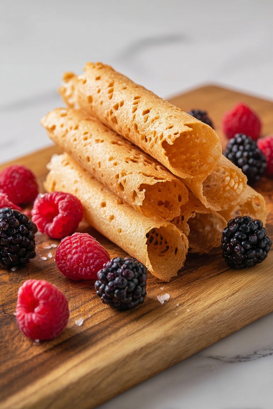 A stack of six golden, crispy rolled wafers with a lacy texture is placed on a wooden board in the center. Around the stack, several fresh raspberries and blackberries are scattered, adding bright red and deep purple colors that contrast with the golden wafers. The board sits on a white marbled surface with soft lighting that highlights the wafers’ delicate crispiness and the fresh berries' juicy texture. photo taken with an iphone --ar 2:3 --v 7 - British Brandy Snap Cookies, Brandy Snap Cookies, Festive Christmas Cookies, Lacy Cookie Recipe, Crispy Sweet Cookies